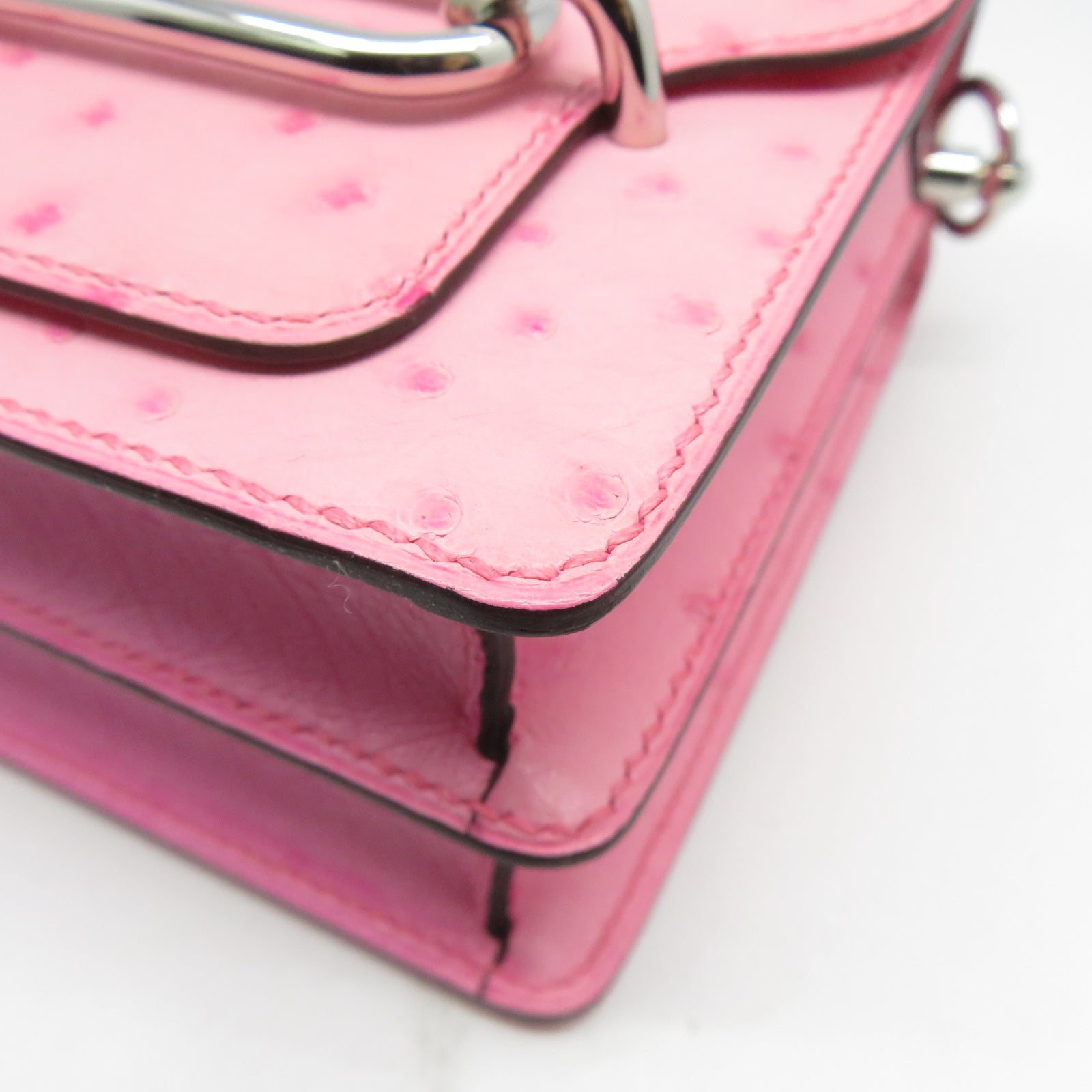 HERMES 鴕鳥皮革Mini Roulis銀扣肩背袋Rose bubblegum泡泡粉色
