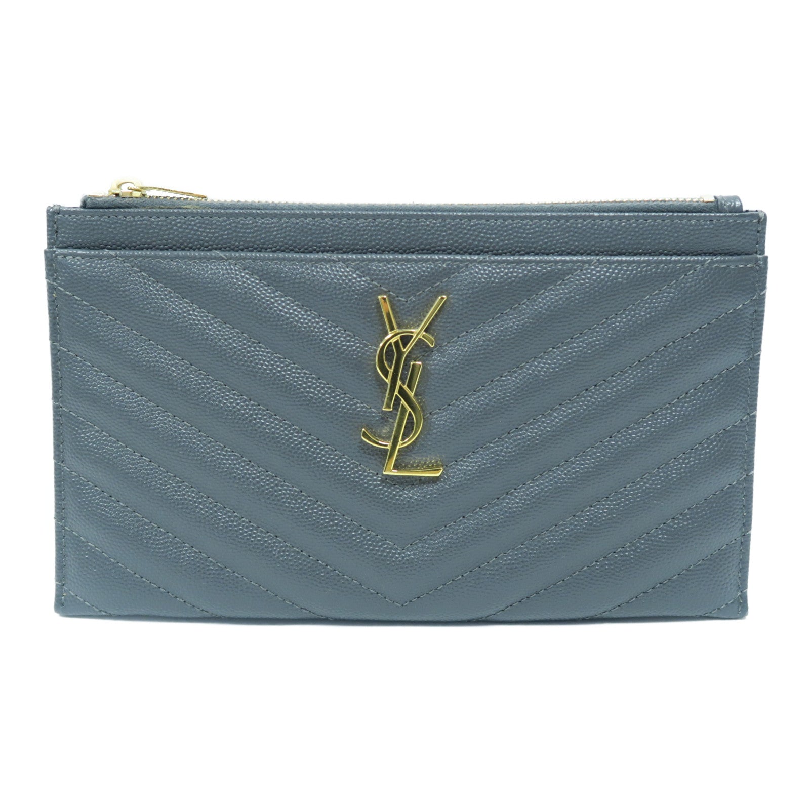 SAINT LAURENT 斜紋牛皮皮革Pouch金扣手拿包灰色