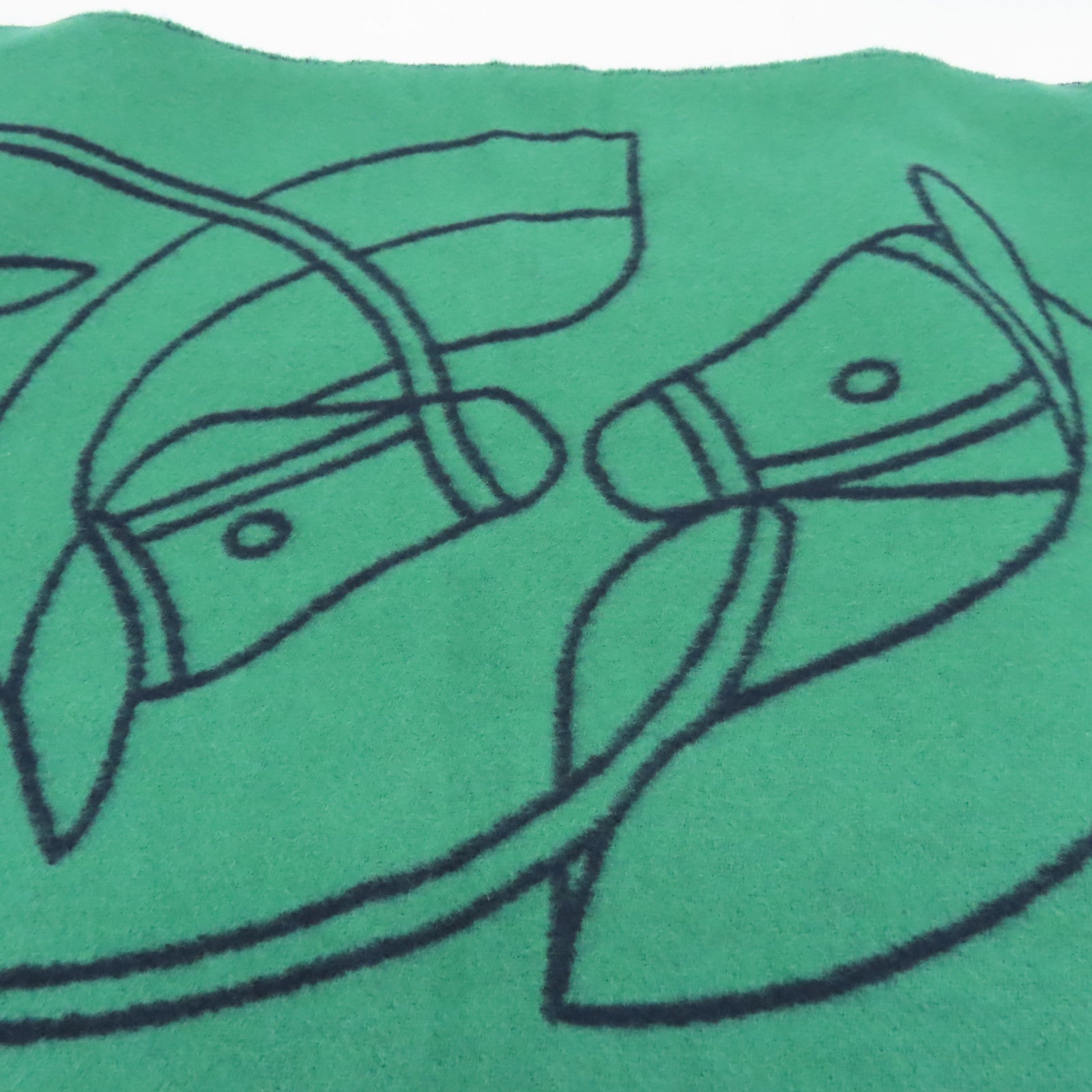 HERMES 羊絨Casaque Entrelacs Equestres Muffler圍巾深藍色/綠色