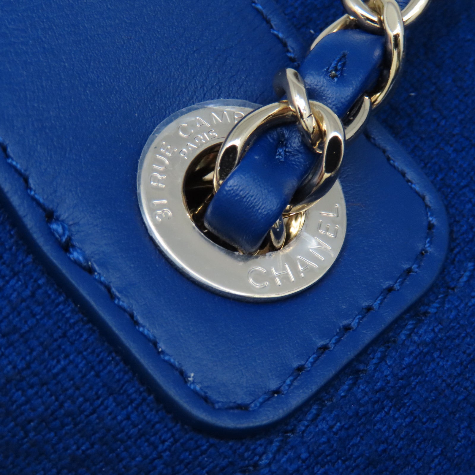 CHANEL 帆布Deauville銀扣手挽肩背兩用袋藍色