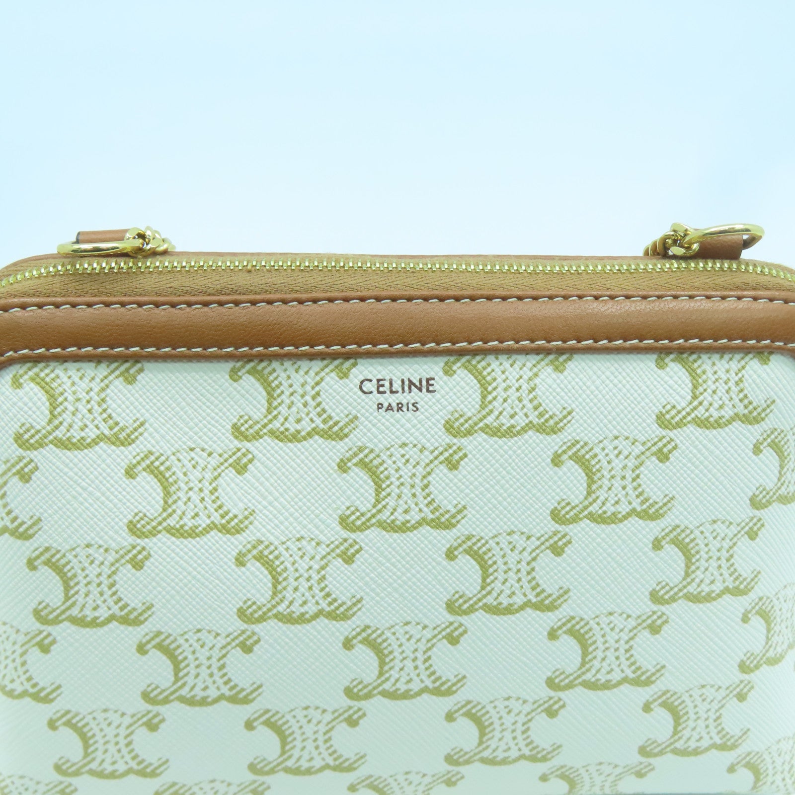 CELINE Coated Canvas Triomphe Gold Buckle Shoulder Bag White