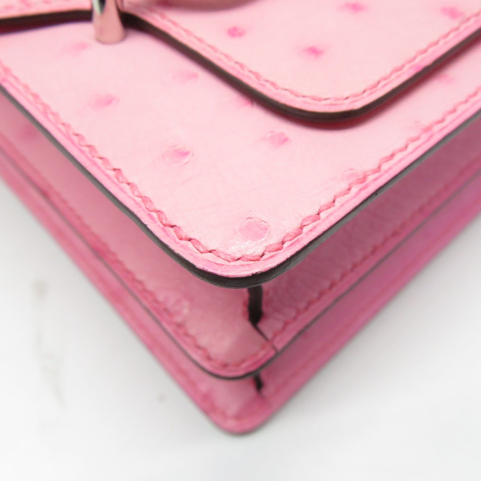HERMES 鴕鳥皮革Mini Roulis銀扣肩背袋Rose bubblegum泡泡粉色