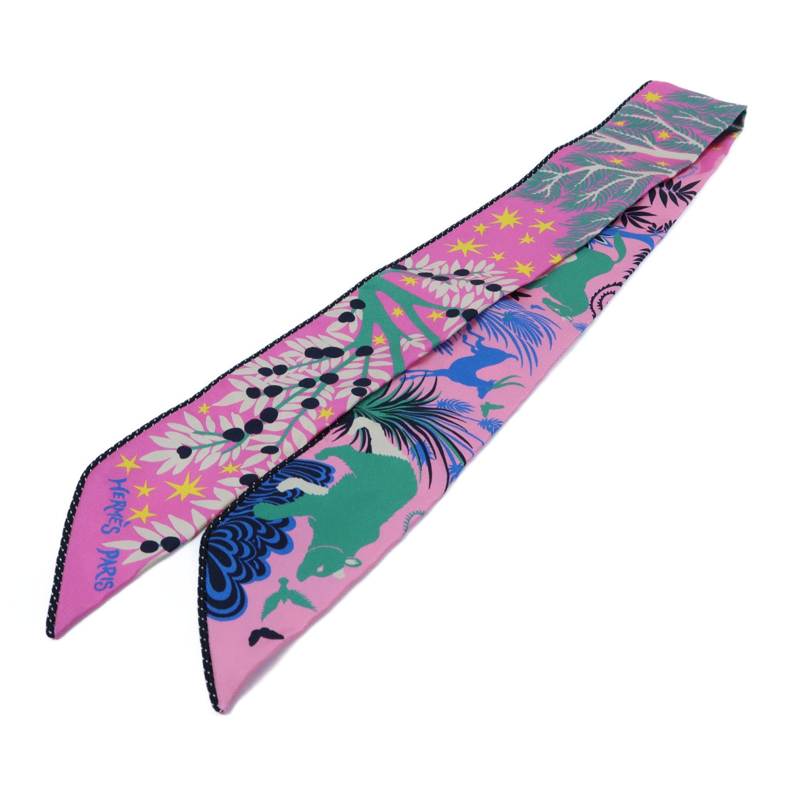 HERMES 絲質Twilly Scarf絲巾粉紅色/黑色