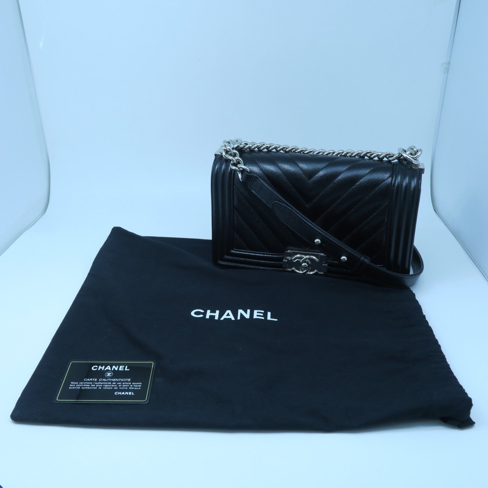 CHANEL 斜紋牛皮皮革Chain Shoulder銀扣鏈帶肩背袋黑色