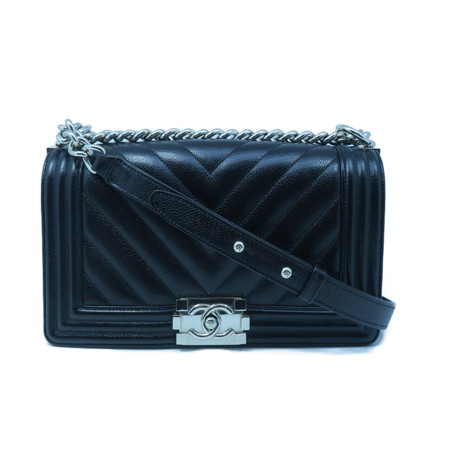 CHANEL 斜紋牛皮皮革Chain Shoulder銀扣鏈帶肩背袋黑色