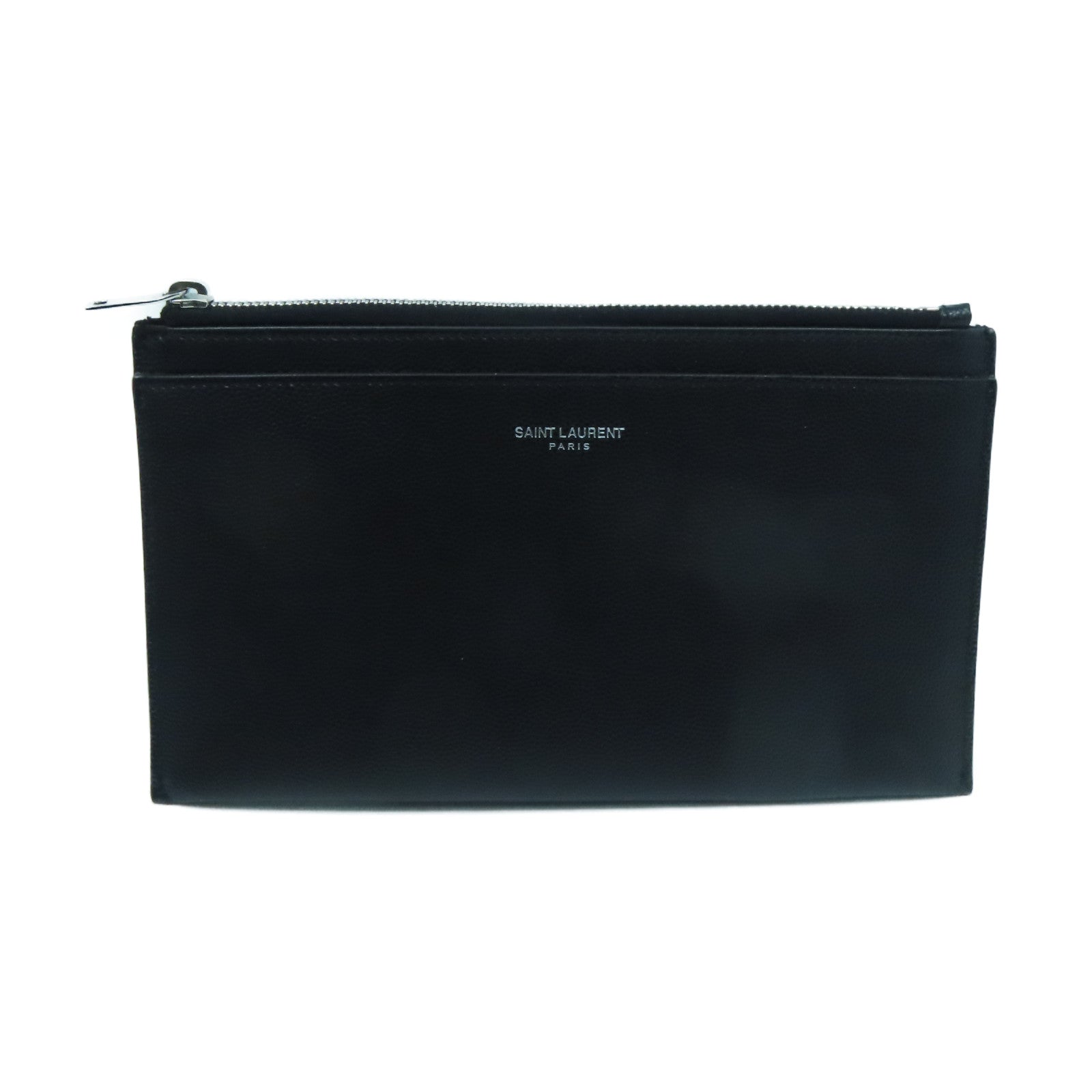 SAINT LAURENT Cowhide Leather Pouch Silver Buckle Clutch Black