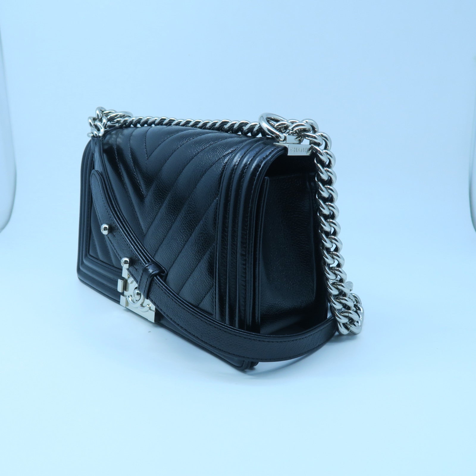 CHANEL 斜紋牛皮皮革Chain Shoulder銀扣鏈帶肩背袋黑色