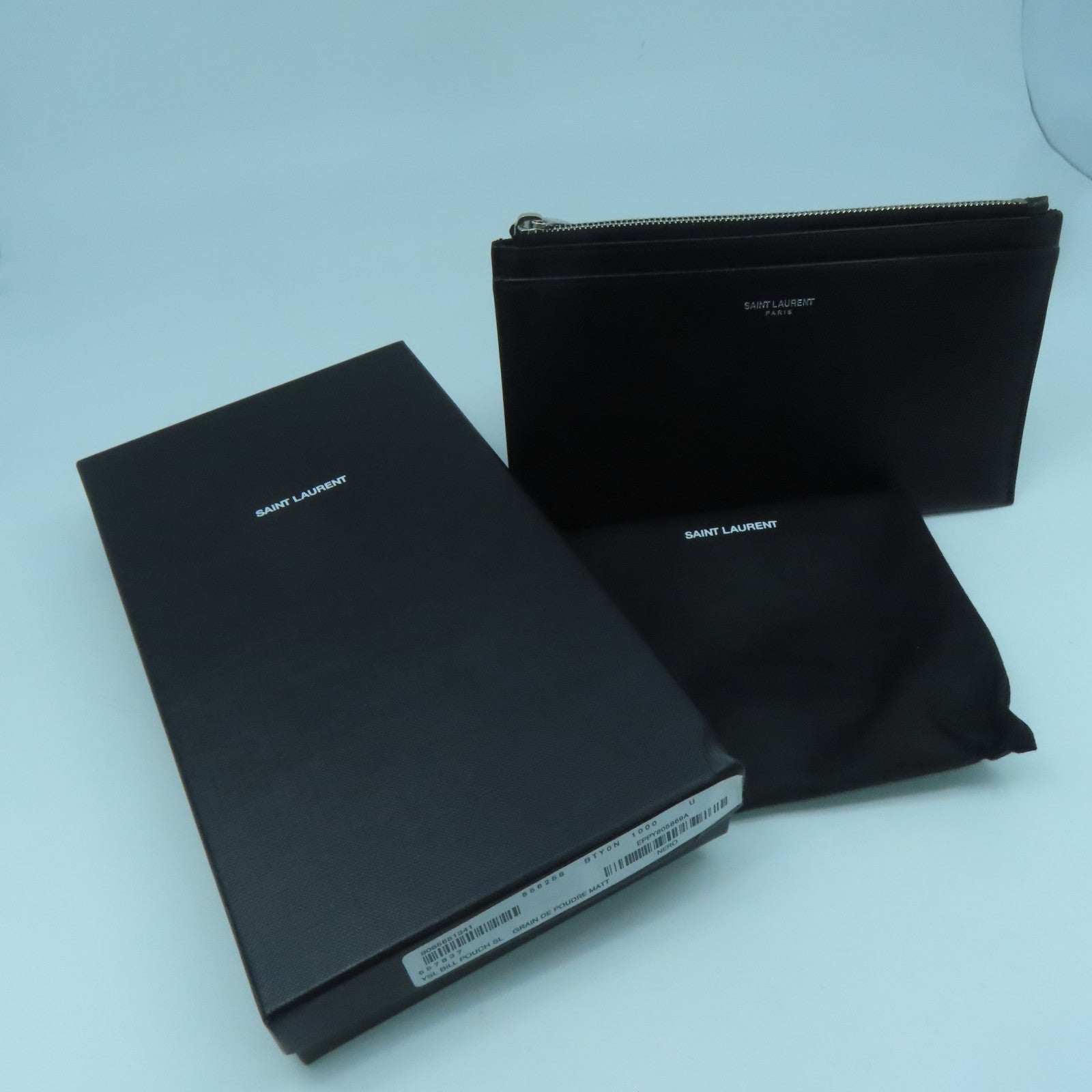 SAINT LAURENT Cowhide Leather Pouch Silver Buckle Clutch Black