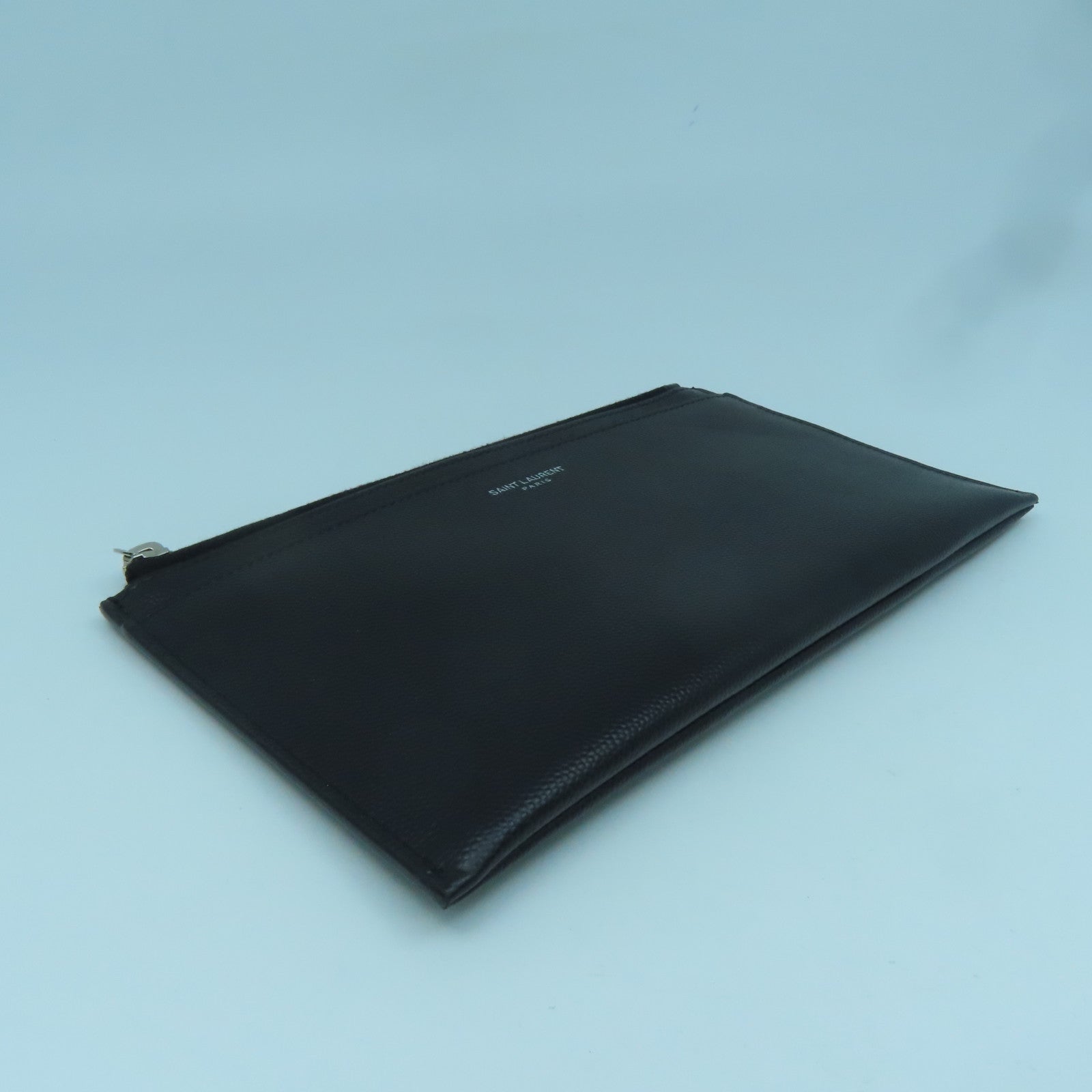 SAINT LAURENT Cowhide Leather Pouch Silver Buckle Clutch Black