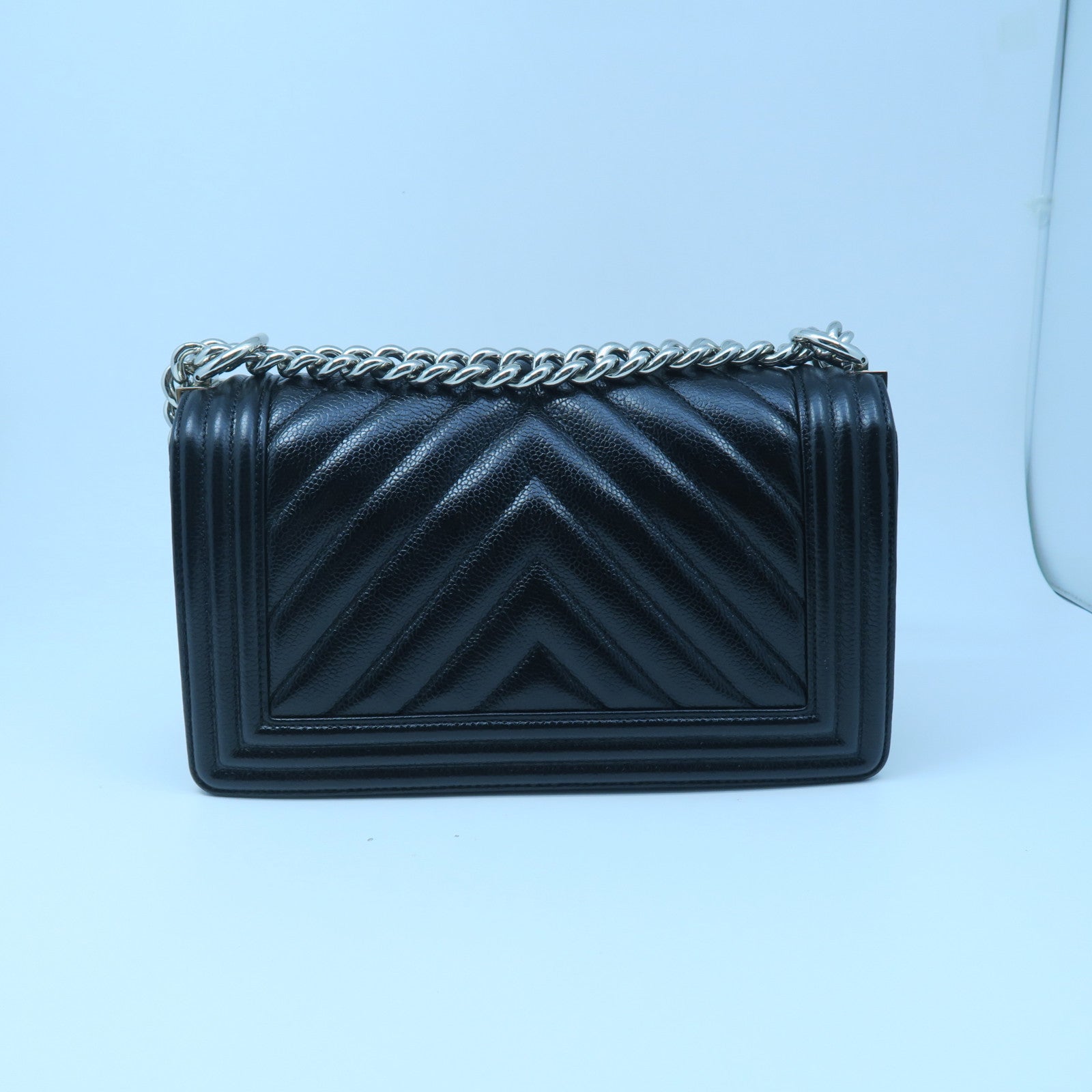 CHANEL 斜紋牛皮皮革Chain Shoulder銀扣鏈帶肩背袋黑色