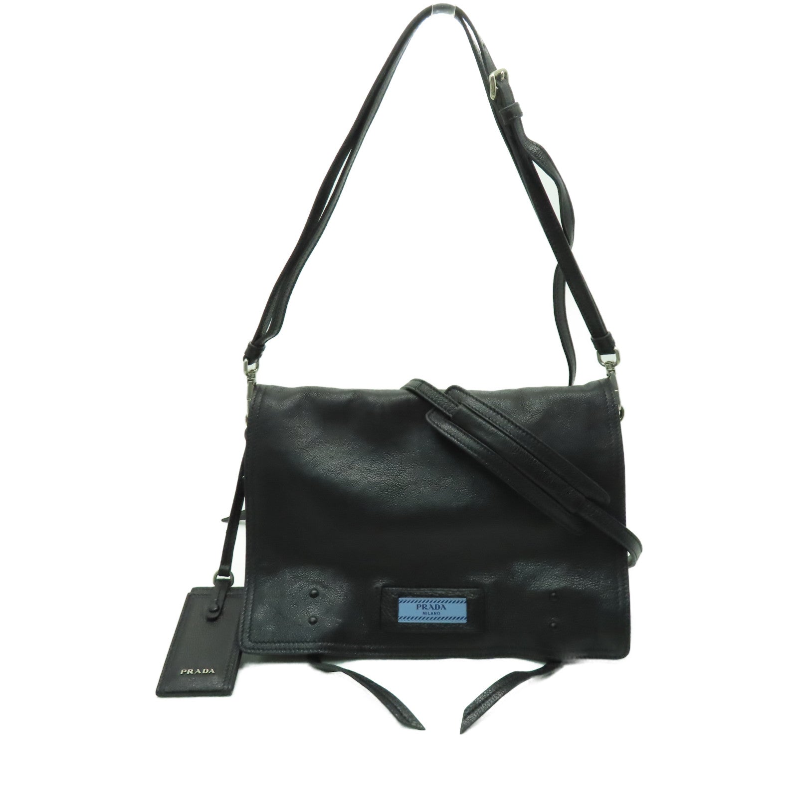 PRADA 牛皮皮革Shoulder Bag銀扣手挽肩背兩用袋黑色