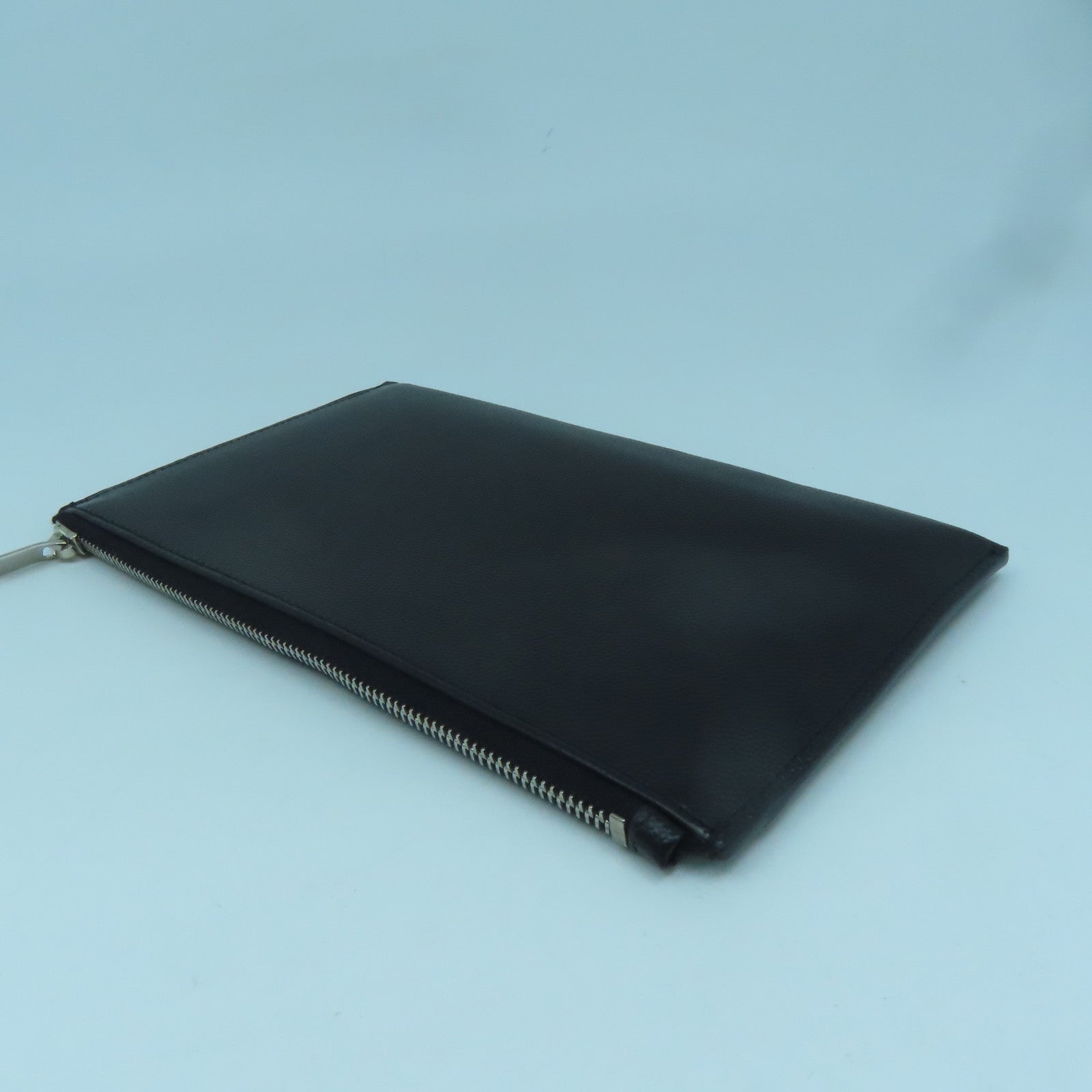 SAINT LAURENT Cowhide Leather Pouch Silver Buckle Clutch Black