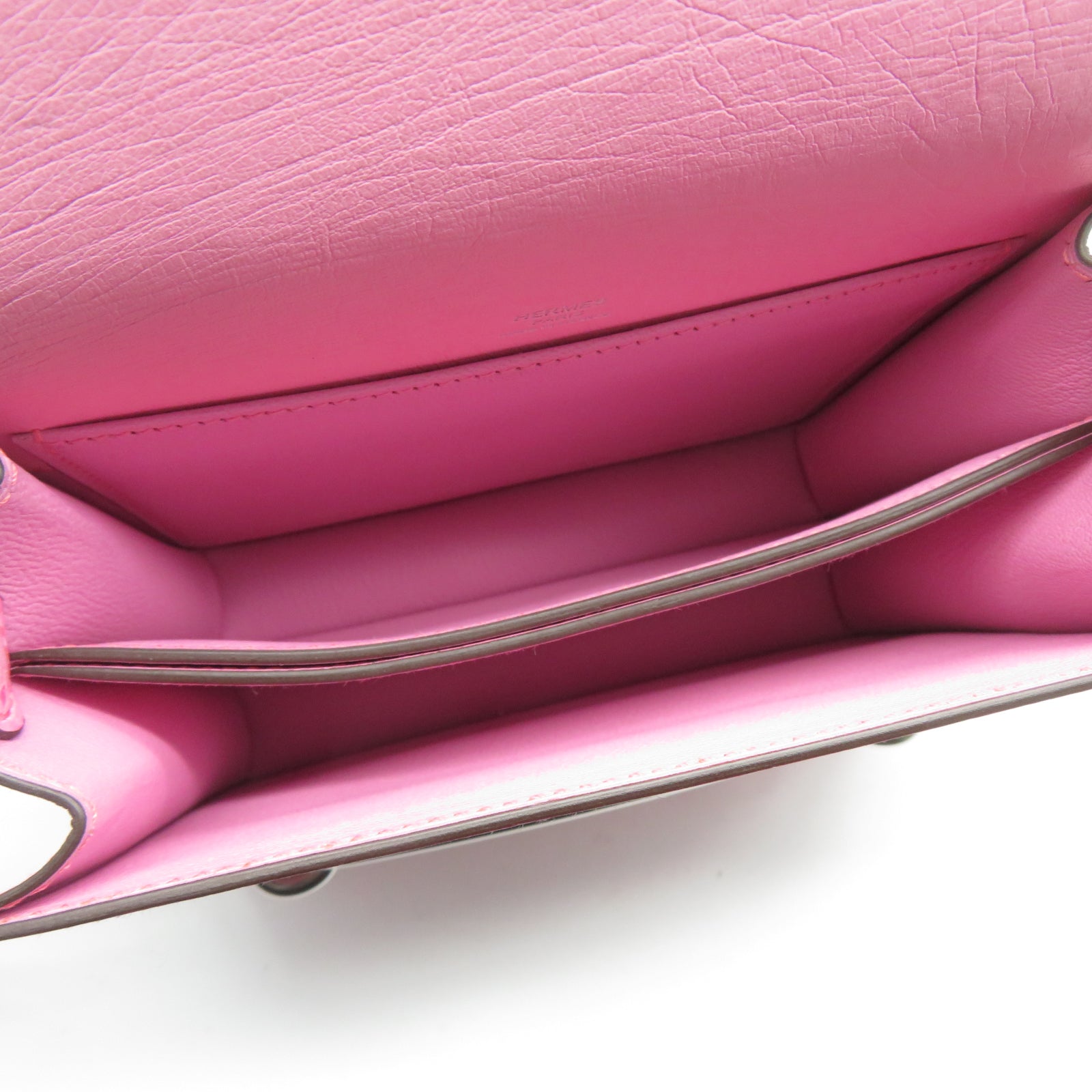HERMES 鴕鳥皮革Mini Roulis銀扣肩背袋Rose bubblegum泡泡粉色
