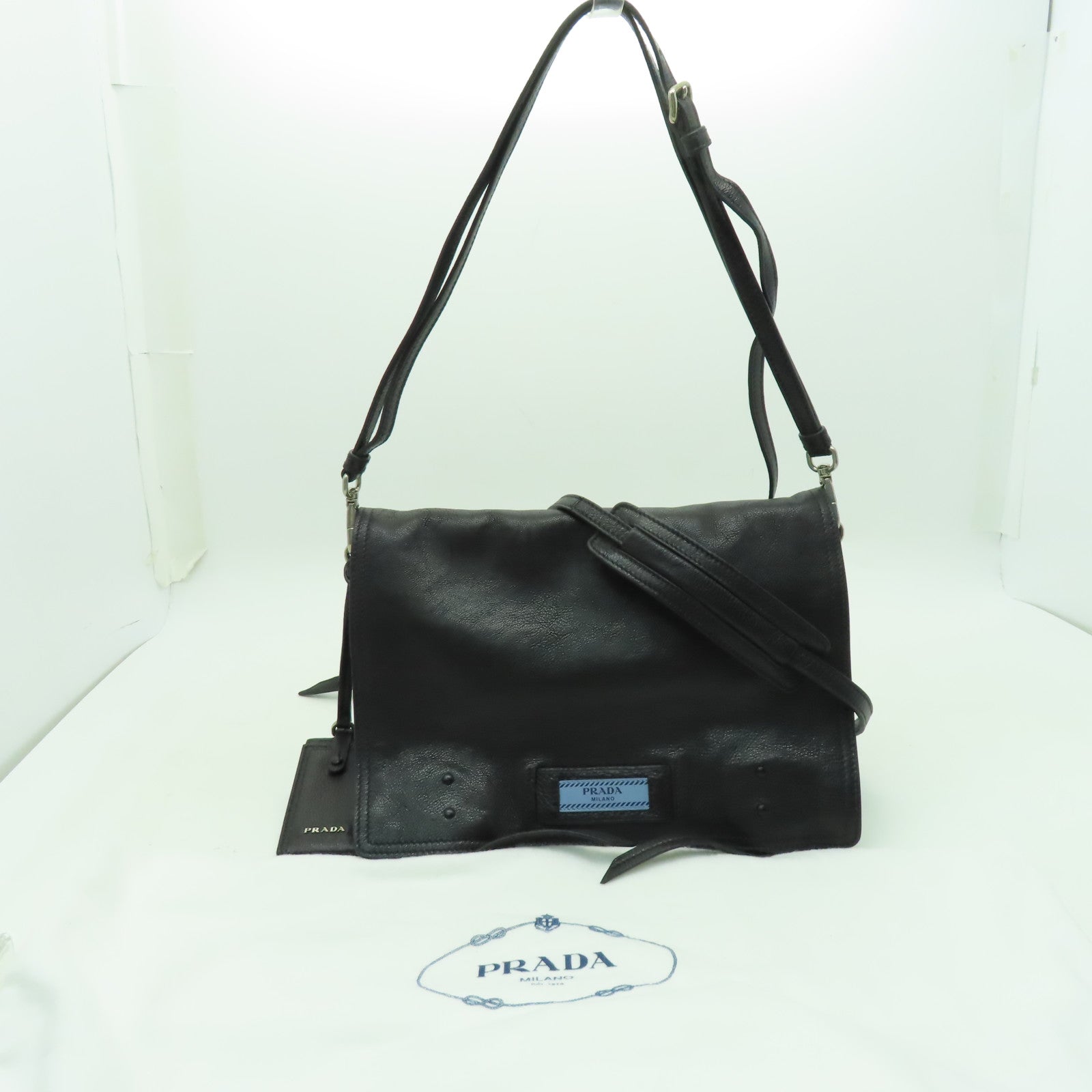 PRADA 牛皮皮革Shoulder Bag銀扣手挽肩背兩用袋黑色