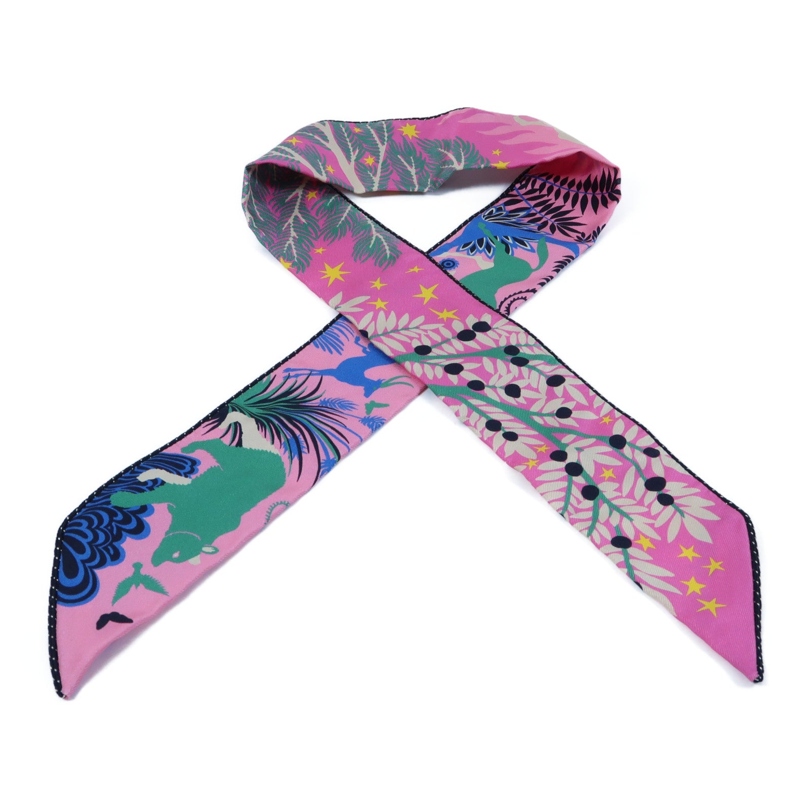 HERMES 絲質Twilly Scarf絲巾粉紅色/黑色
