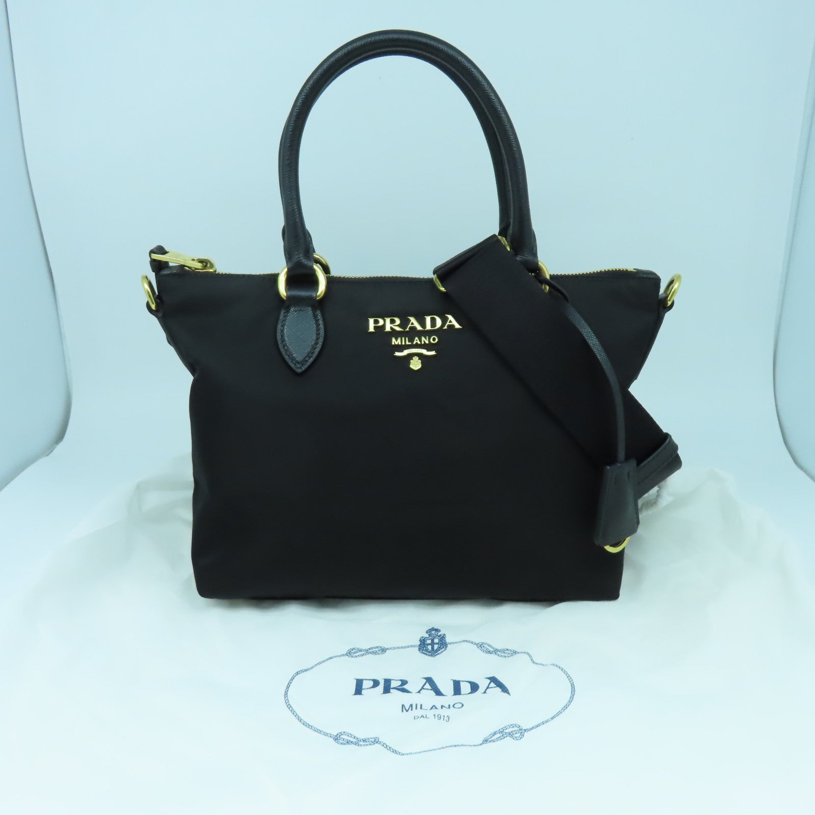 PRADA 尼龍/牛皮皮革2 Way Shoulder Bag金扣手挽肩背兩用袋黑色