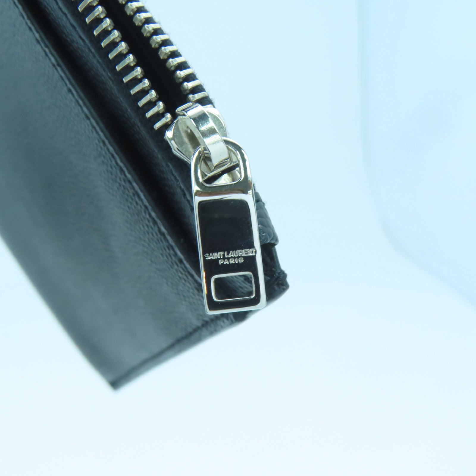 SAINT LAURENT Cowhide Leather Pouch Silver Buckle Clutch Black