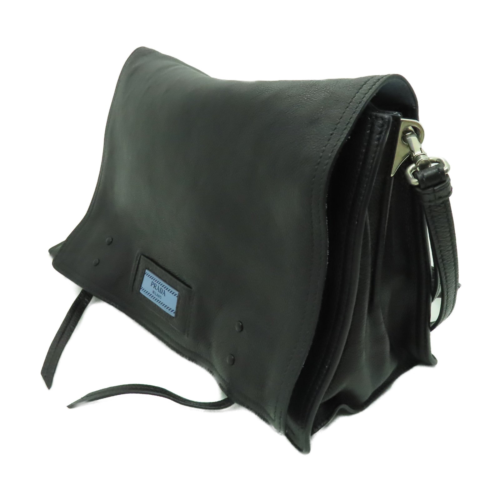 PRADA 牛皮皮革Shoulder Bag銀扣手挽肩背兩用袋黑色