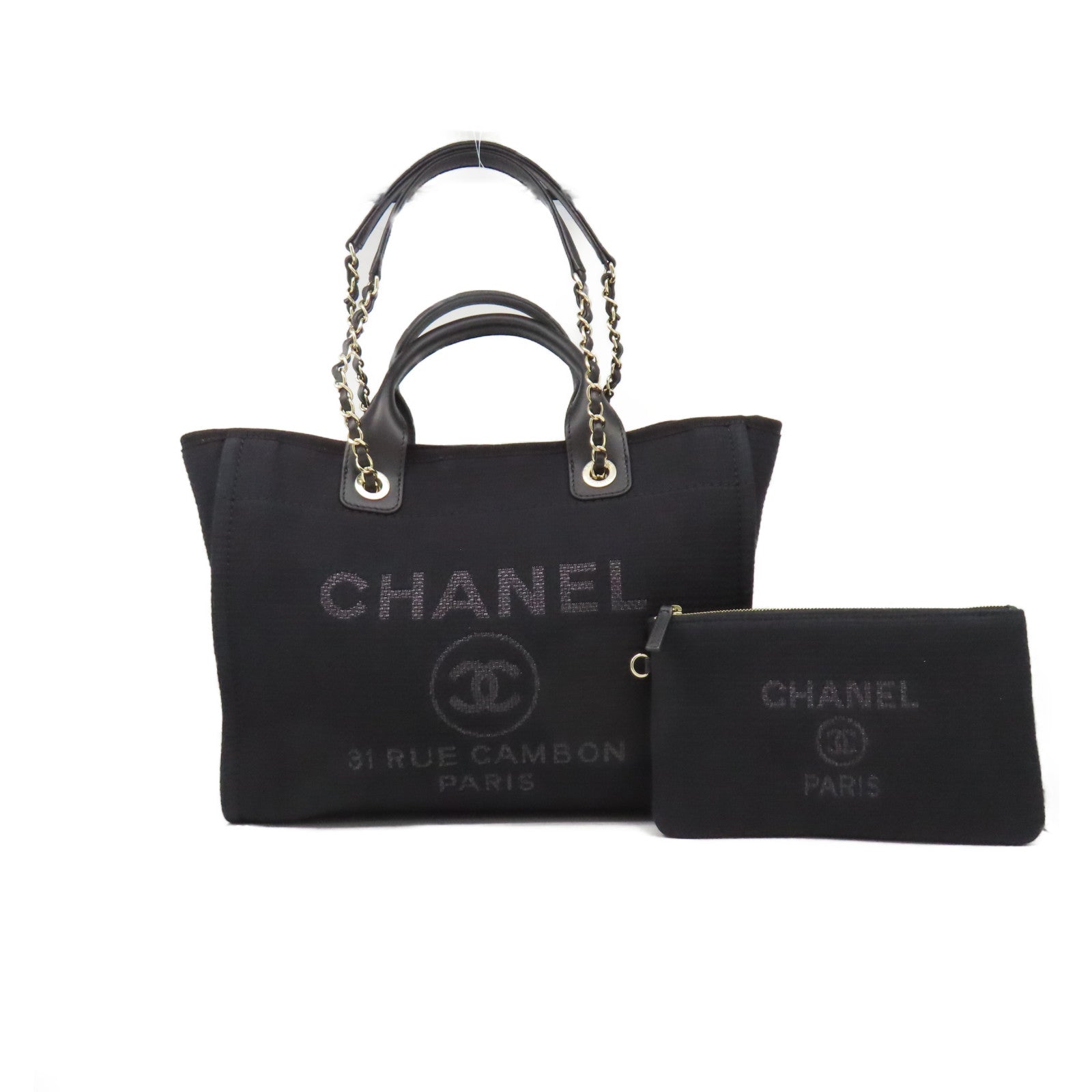 CHANEL 帆布Deauville Tote Medium銀扣手挽肩背兩用袋黑色