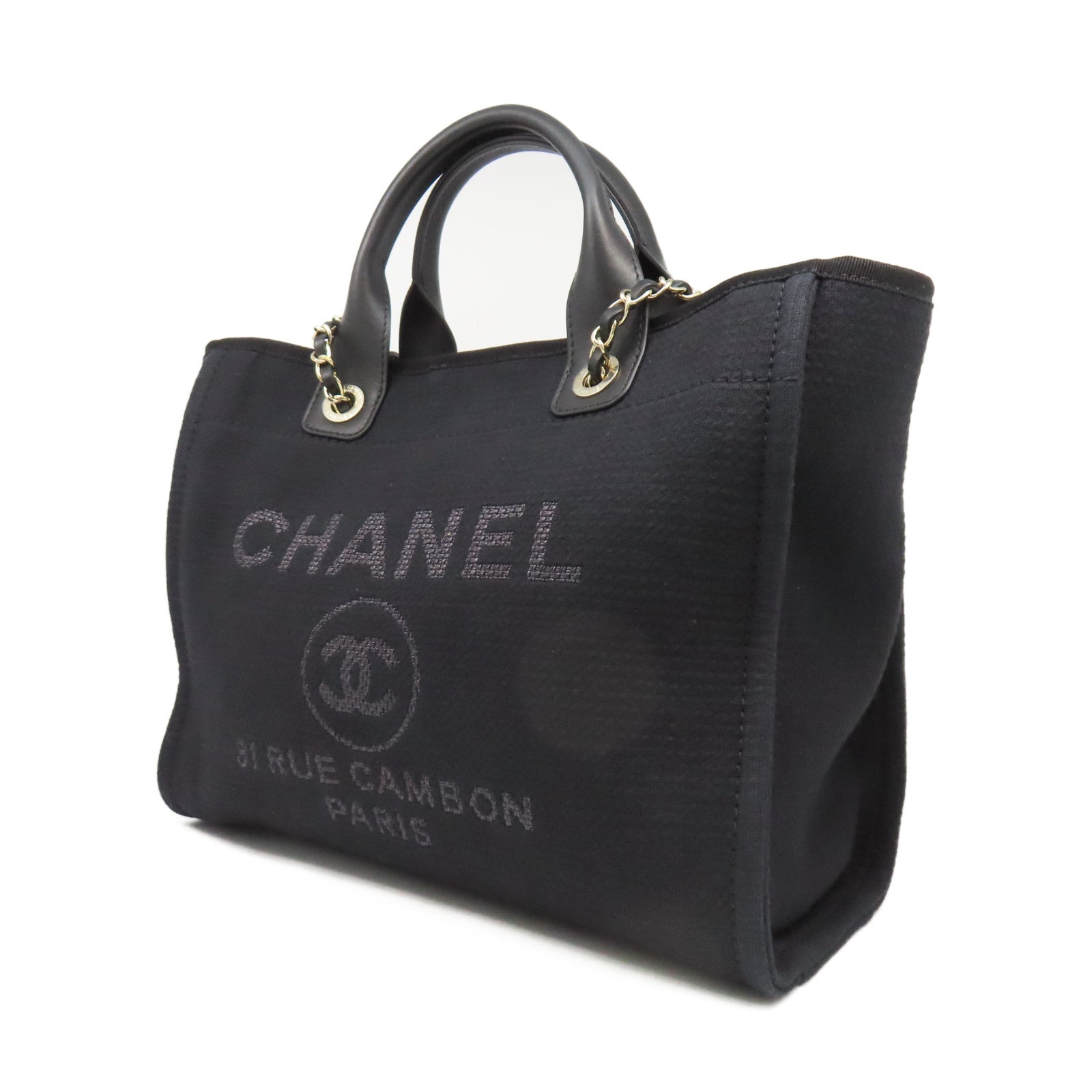 CHANEL 帆布Deauville Tote Medium銀扣手挽肩背兩用袋黑色