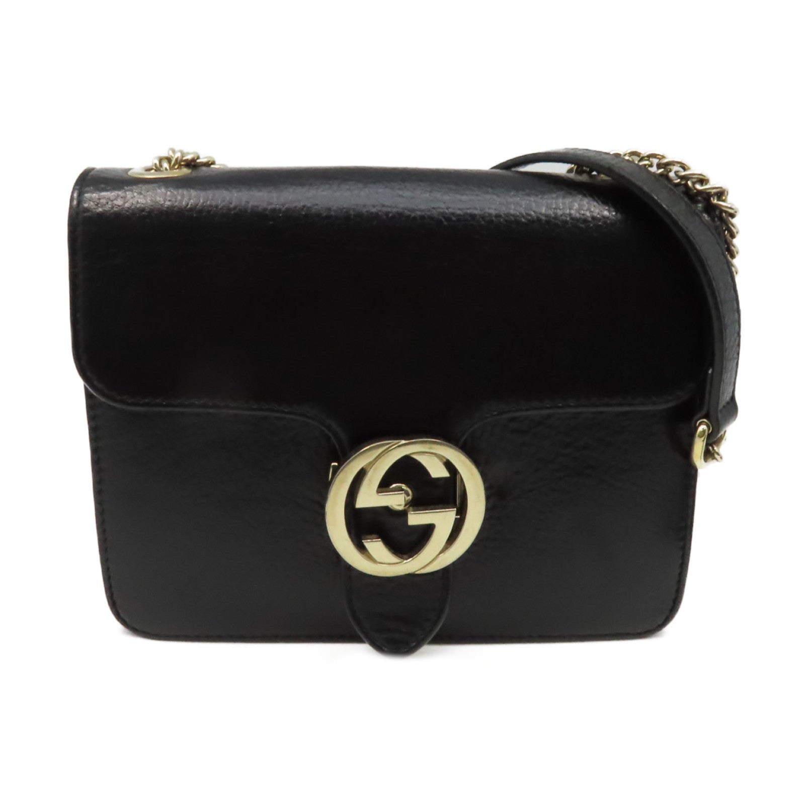 GUCCI 牛皮皮革Chain Shoulder Bag金扣鏈帶肩背袋黑色