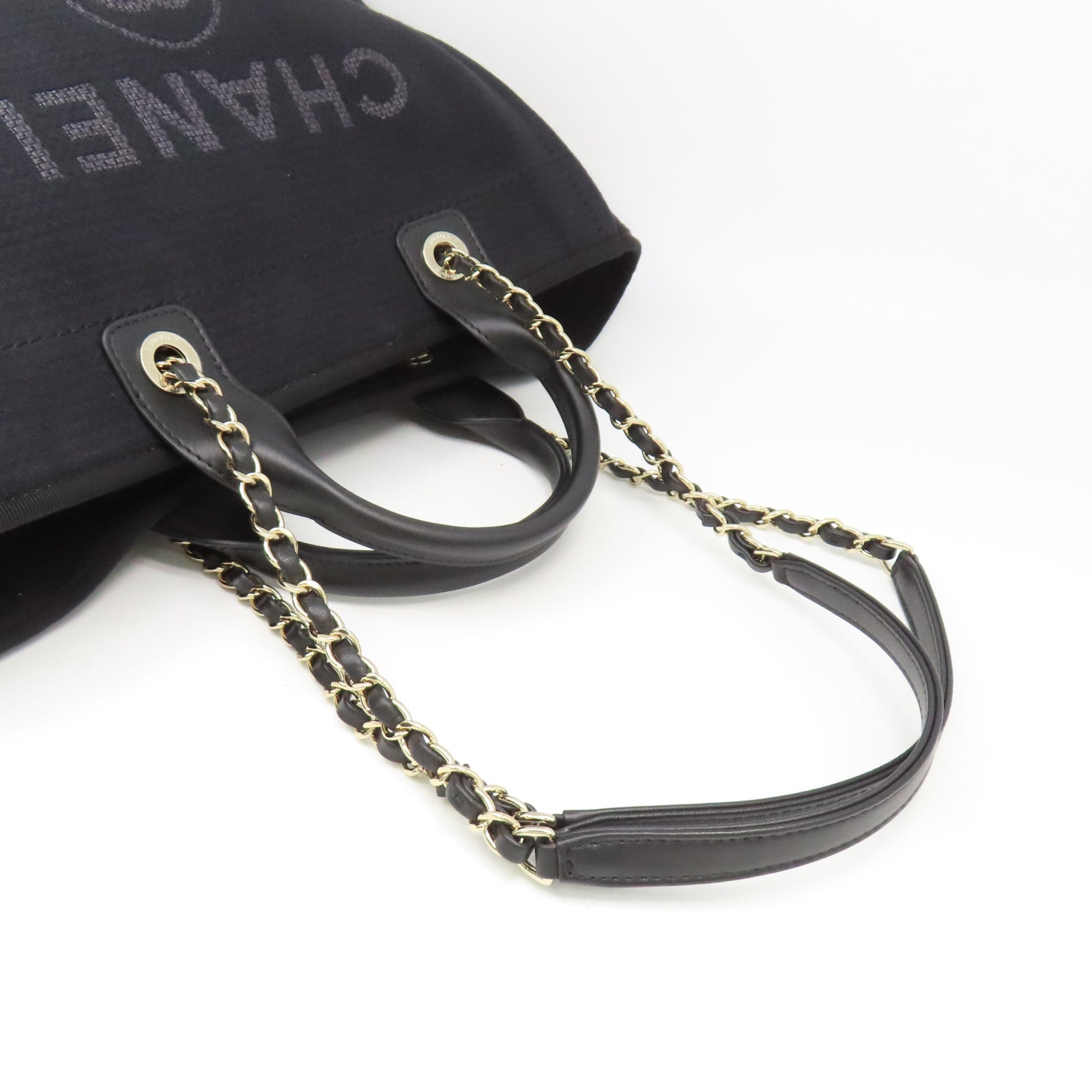 CHANEL 帆布Deauville Tote Medium銀扣手挽肩背兩用袋黑色