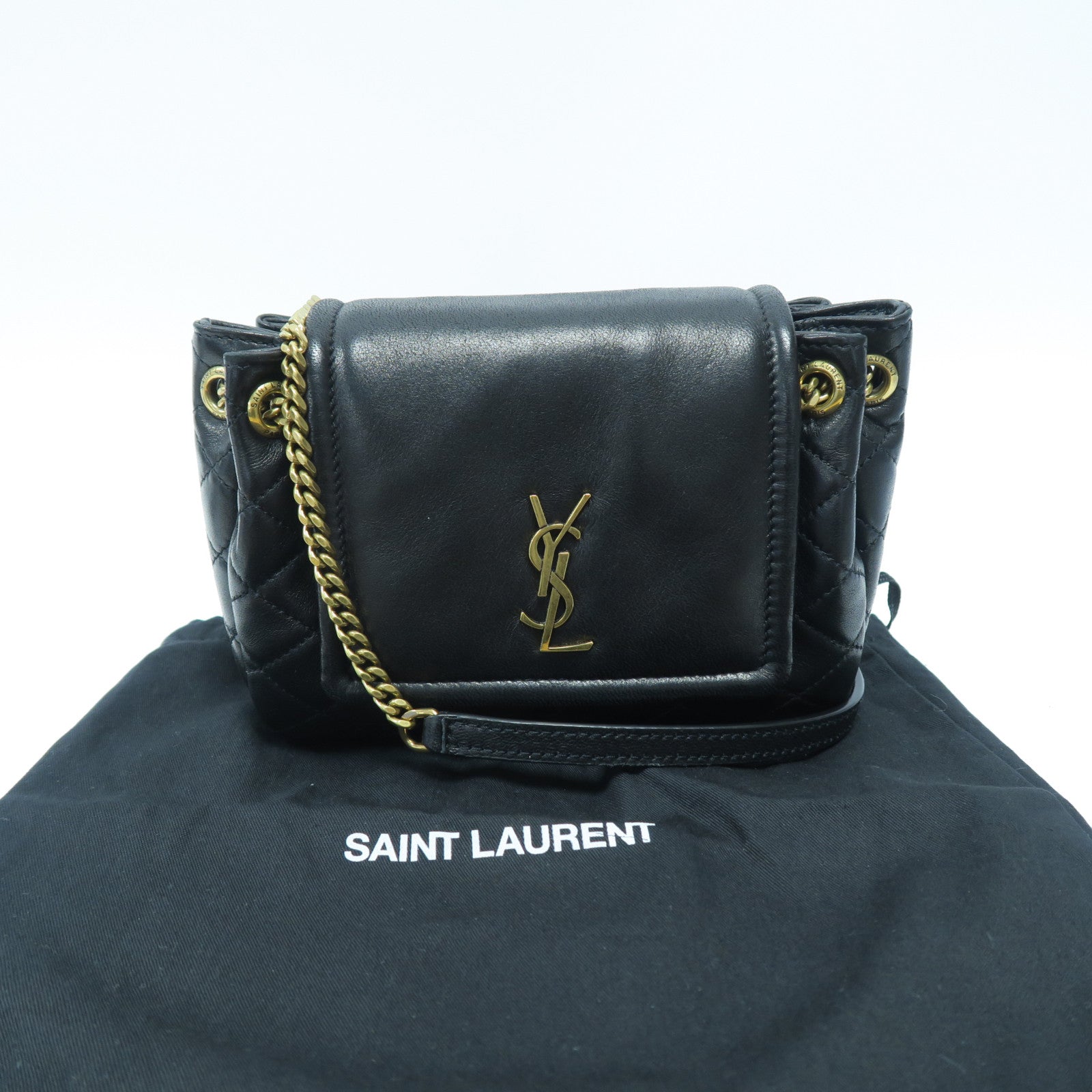 SAINT LAURENT 羊皮皮革Mini Nolita金扣鏈帶肩背袋黑色