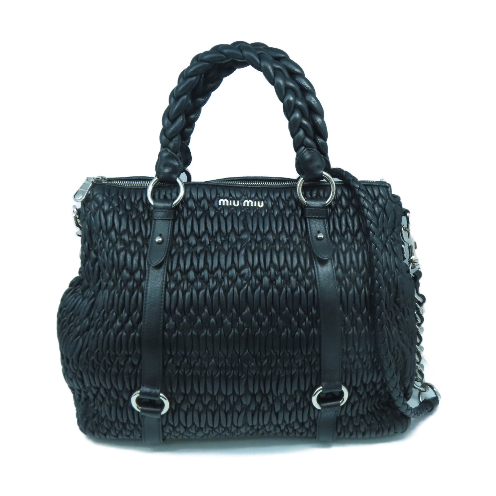 Miu Miu Sheepskin Leather Shoulder Bag Silver Buckle Handle Shoulder Bag Black