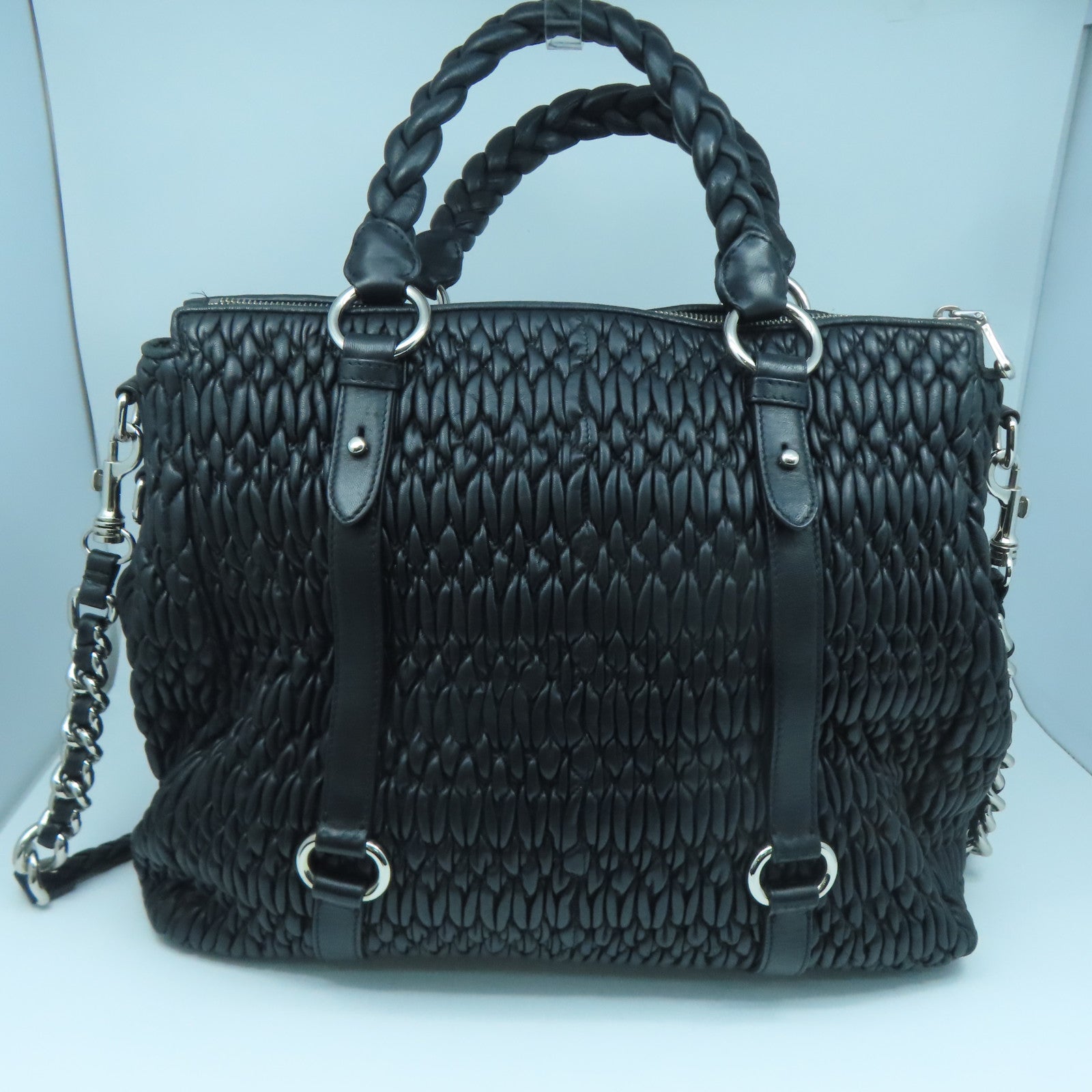 Miu Miu Sheepskin Leather Shoulder Bag Silver Buckle Handle Shoulder Bag Black