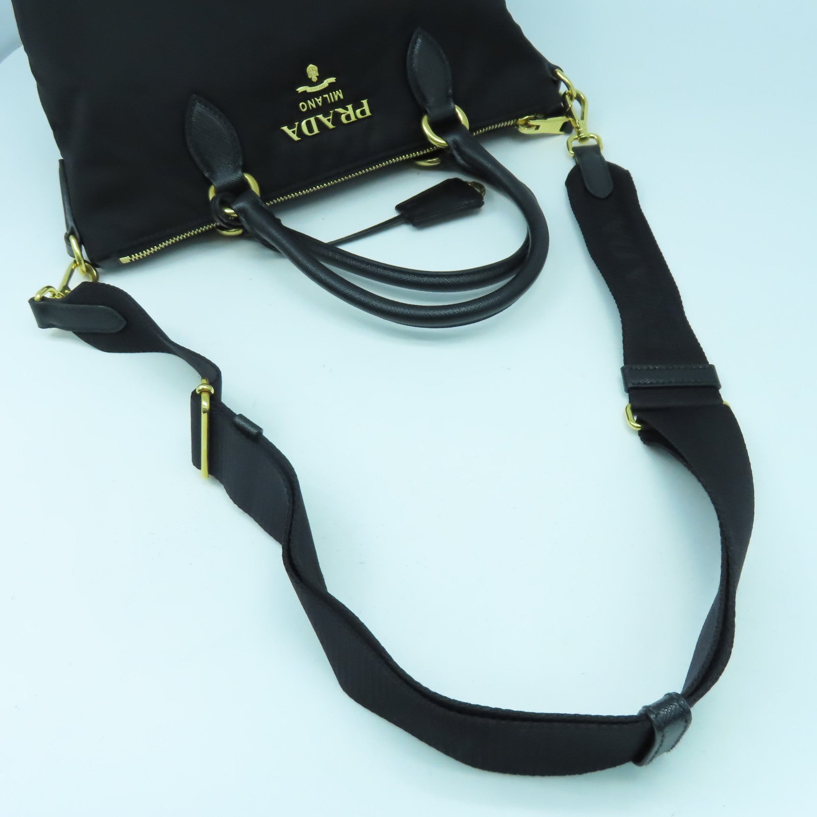 PRADA 尼龍/牛皮皮革2 Way Shoulder Bag金扣手挽肩背兩用袋黑色