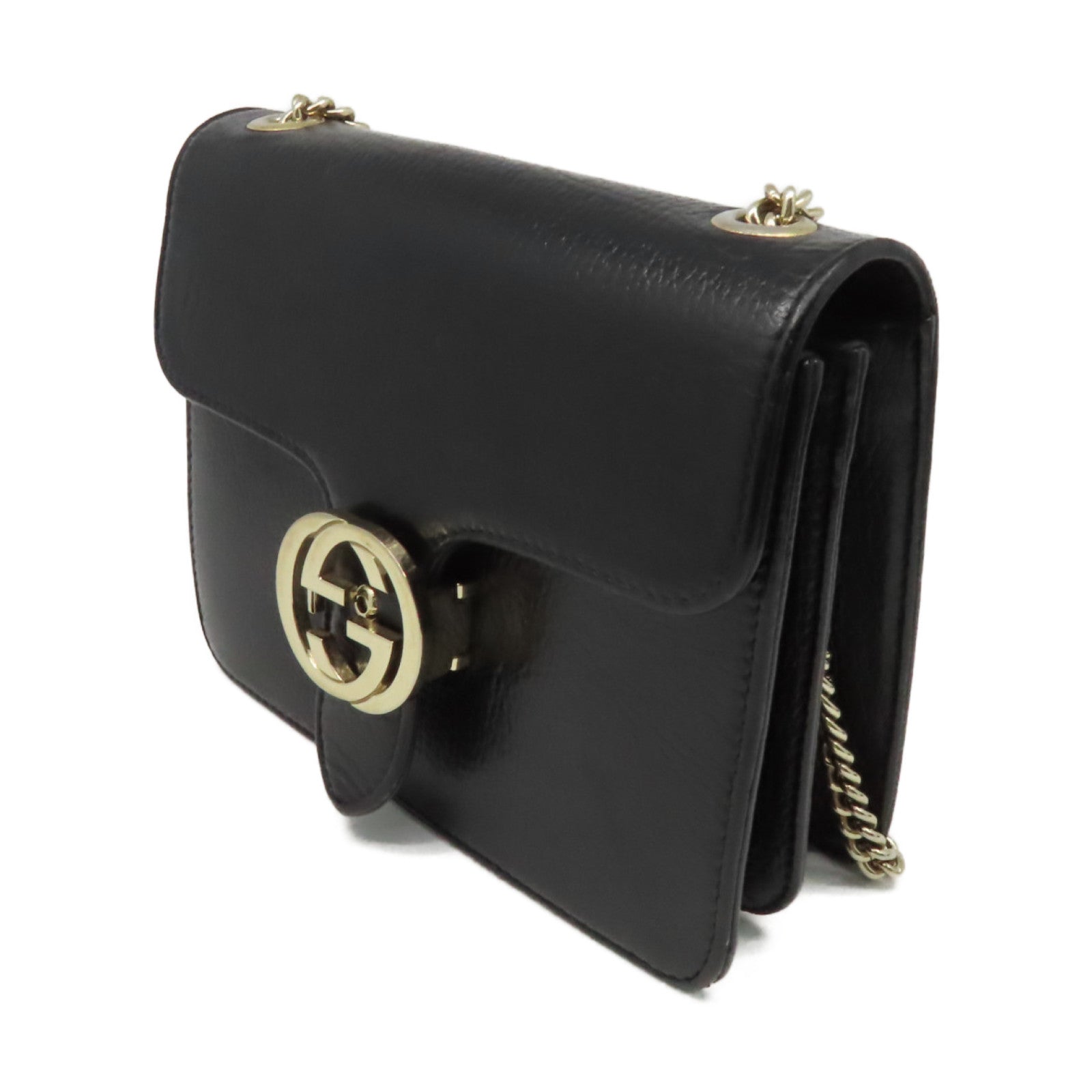 GUCCI 牛皮皮革Chain Shoulder Bag金扣鏈帶肩背袋黑色