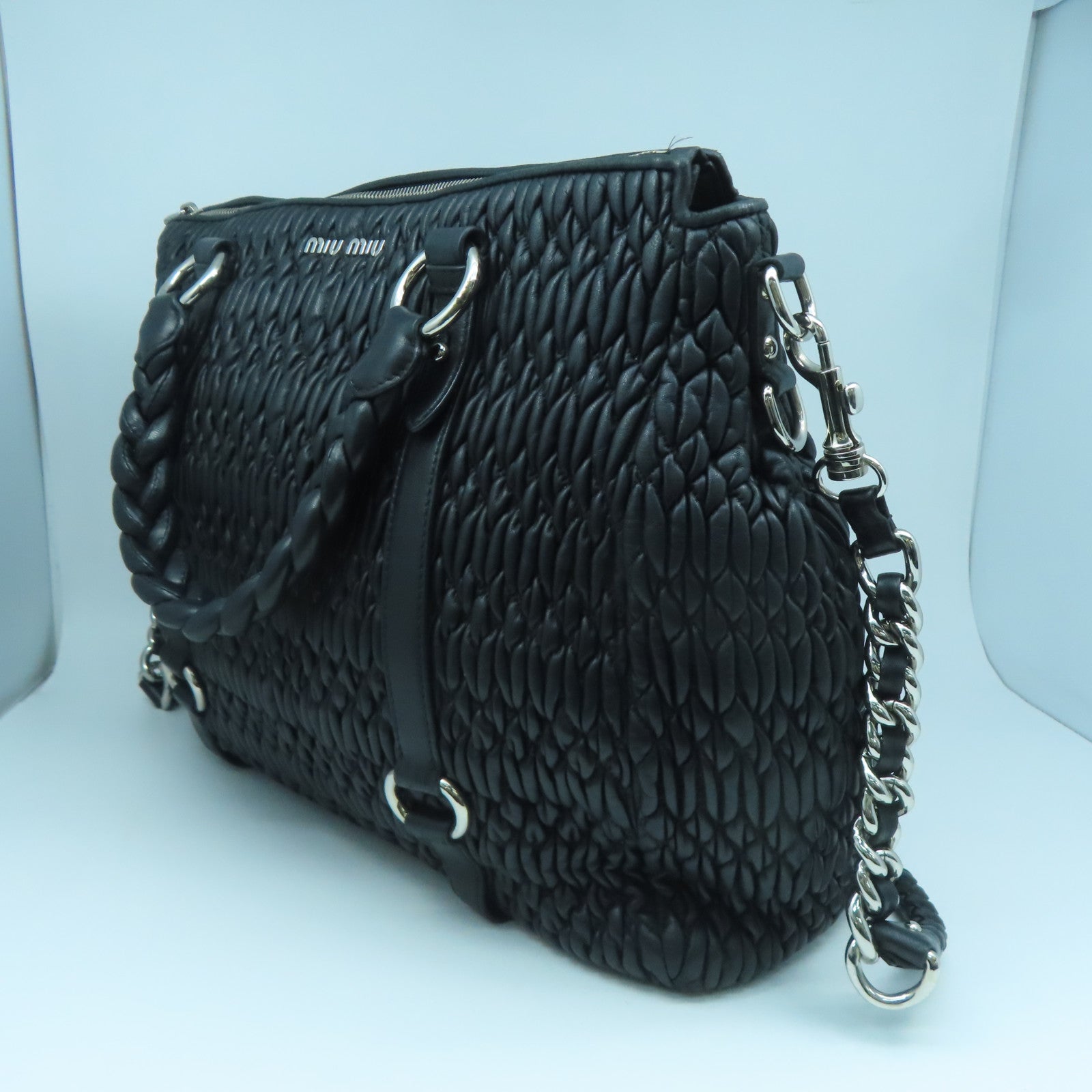 Miu Miu Sheepskin Leather Shoulder Bag Silver Buckle Handle Shoulder Bag Black