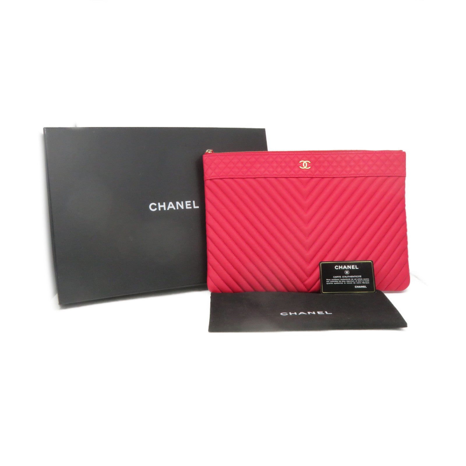 CHANEL 斜纹Caviar皮革Clutch手拿包红色