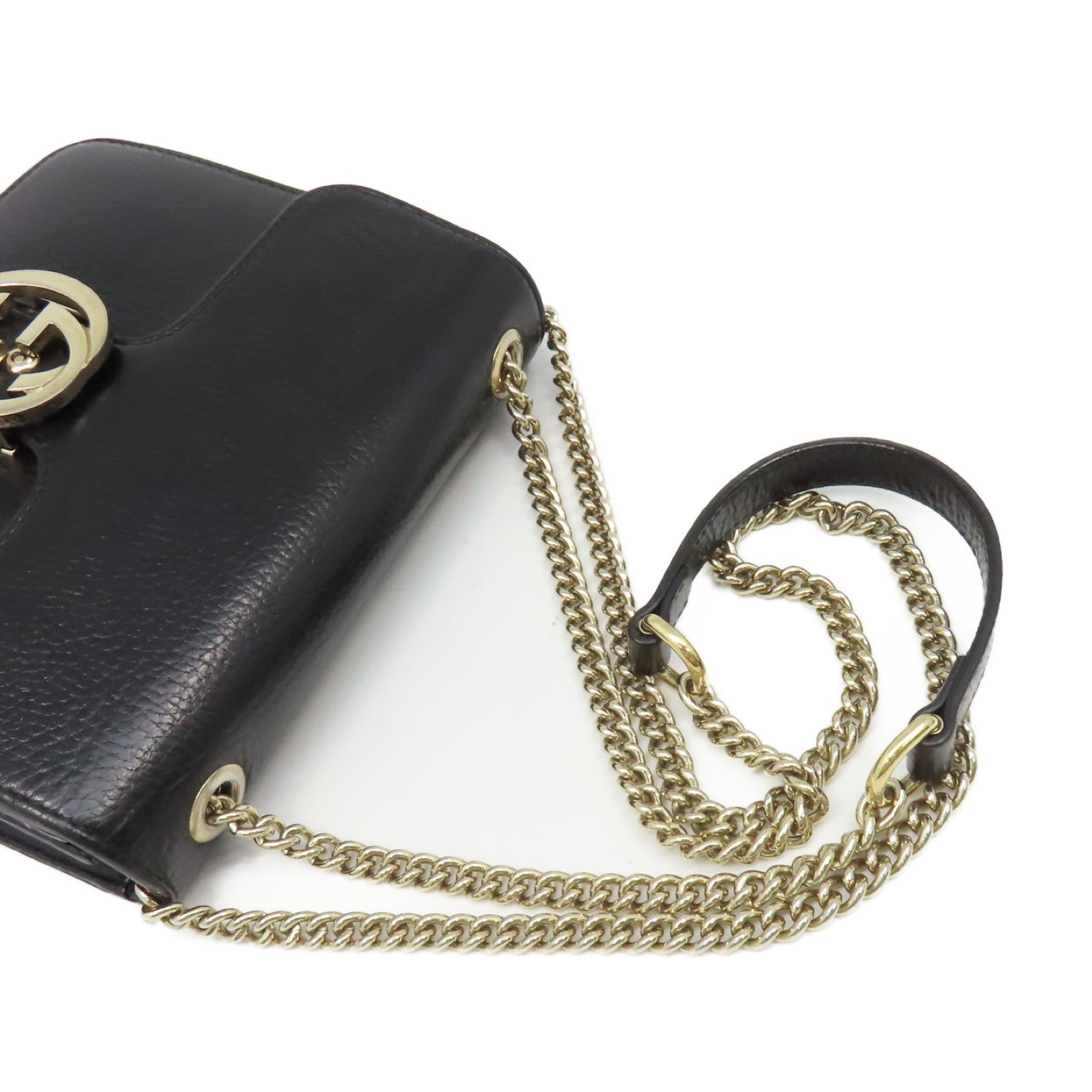 GUCCI 牛皮皮革Chain Shoulder Bag金扣鏈帶肩背袋黑色