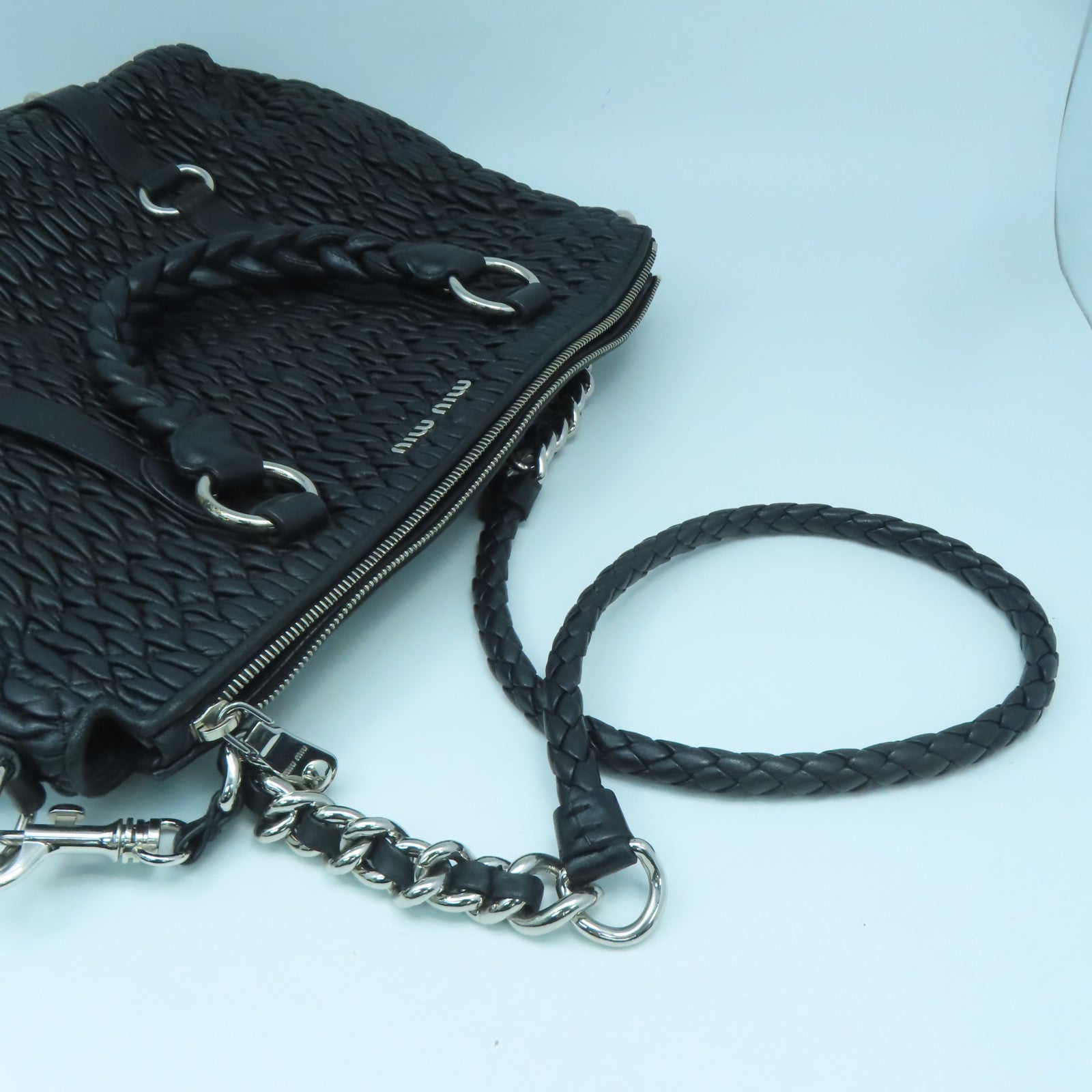 Miu Miu Sheepskin Leather Shoulder Bag Silver Buckle Handle Shoulder Bag Black