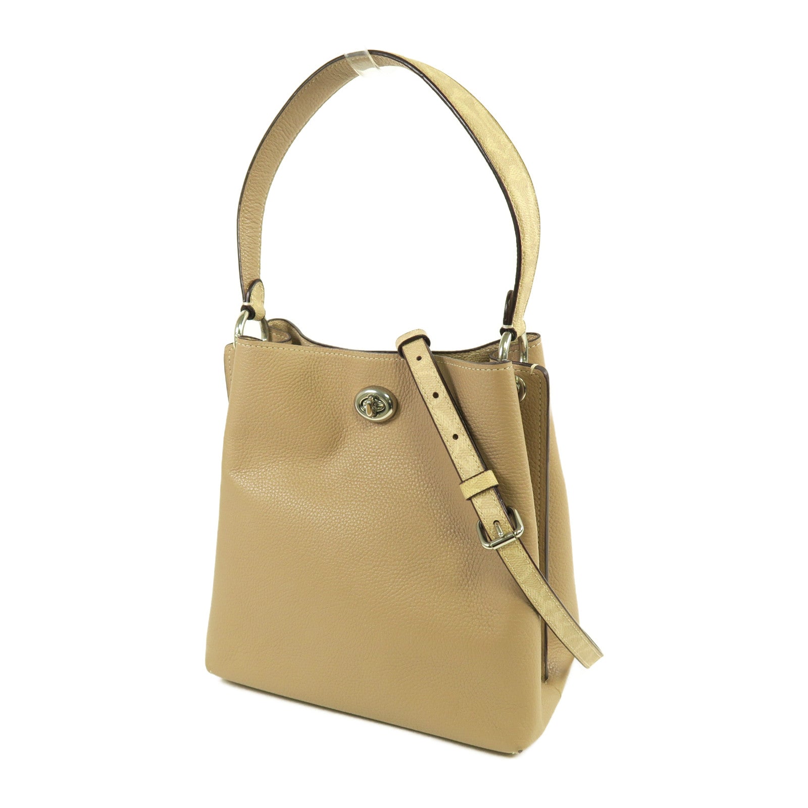 COACH 牛皮皮革2 Way Shoulder銀扣手挽肩背兩用袋米色