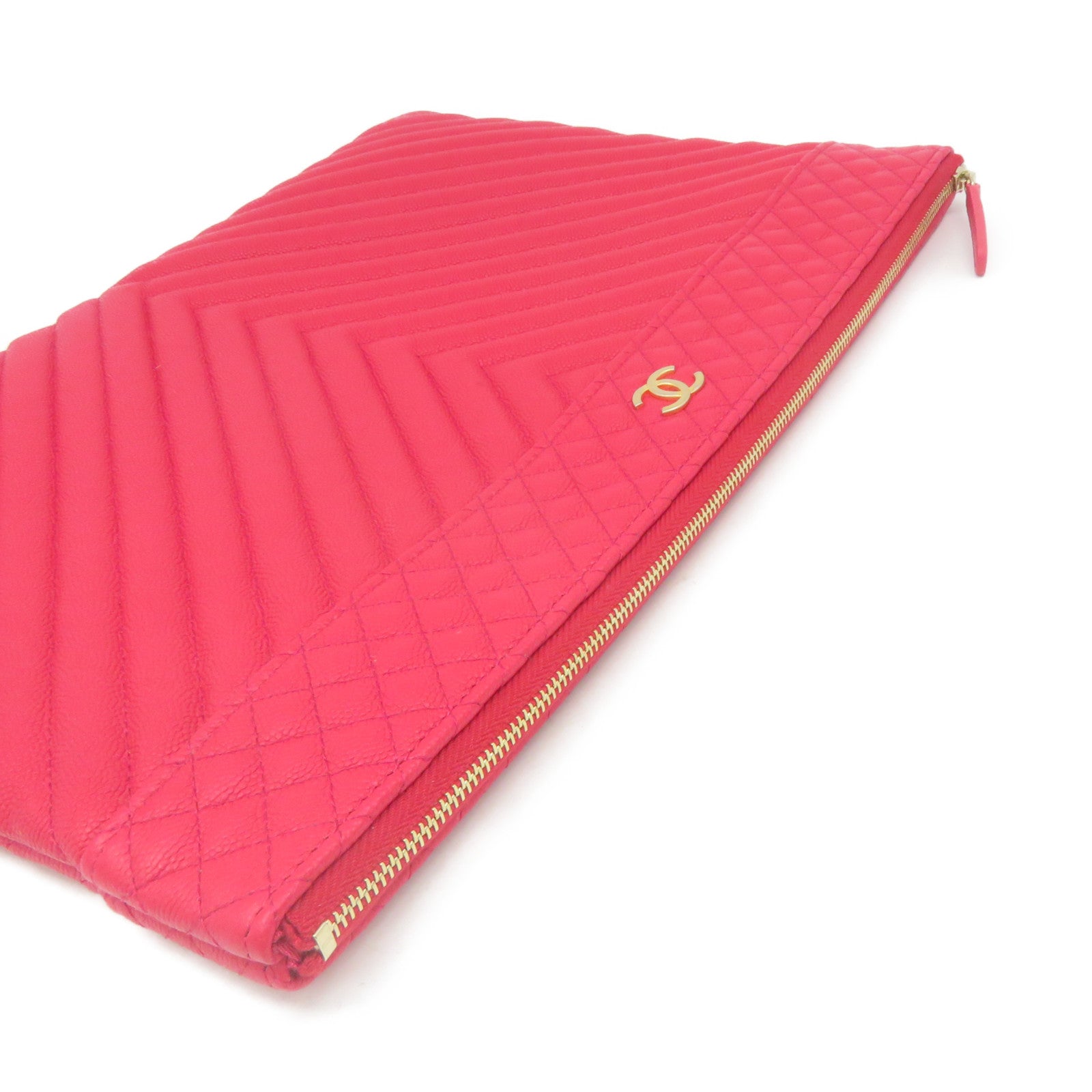 CHANEL 斜纹Caviar皮革Clutch手拿包红色