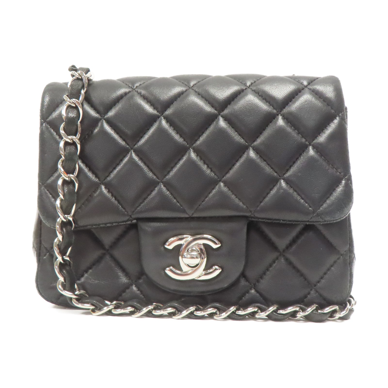 CHANEL 菱格羊皮皮革Chain Shoulder銀扣黑色