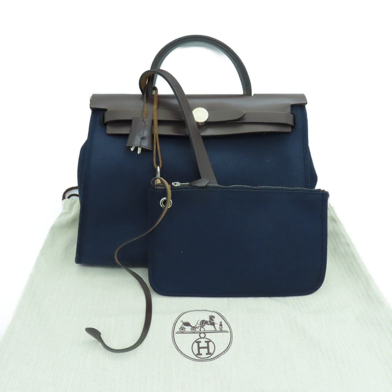 HERMES 帆布Herbag PM银扣肩带包Blue Saphire蓝色