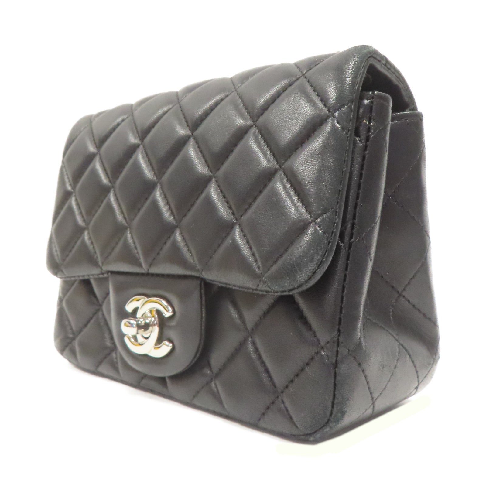 CHANEL 菱格羊皮皮革Chain Shoulder銀扣黑色
