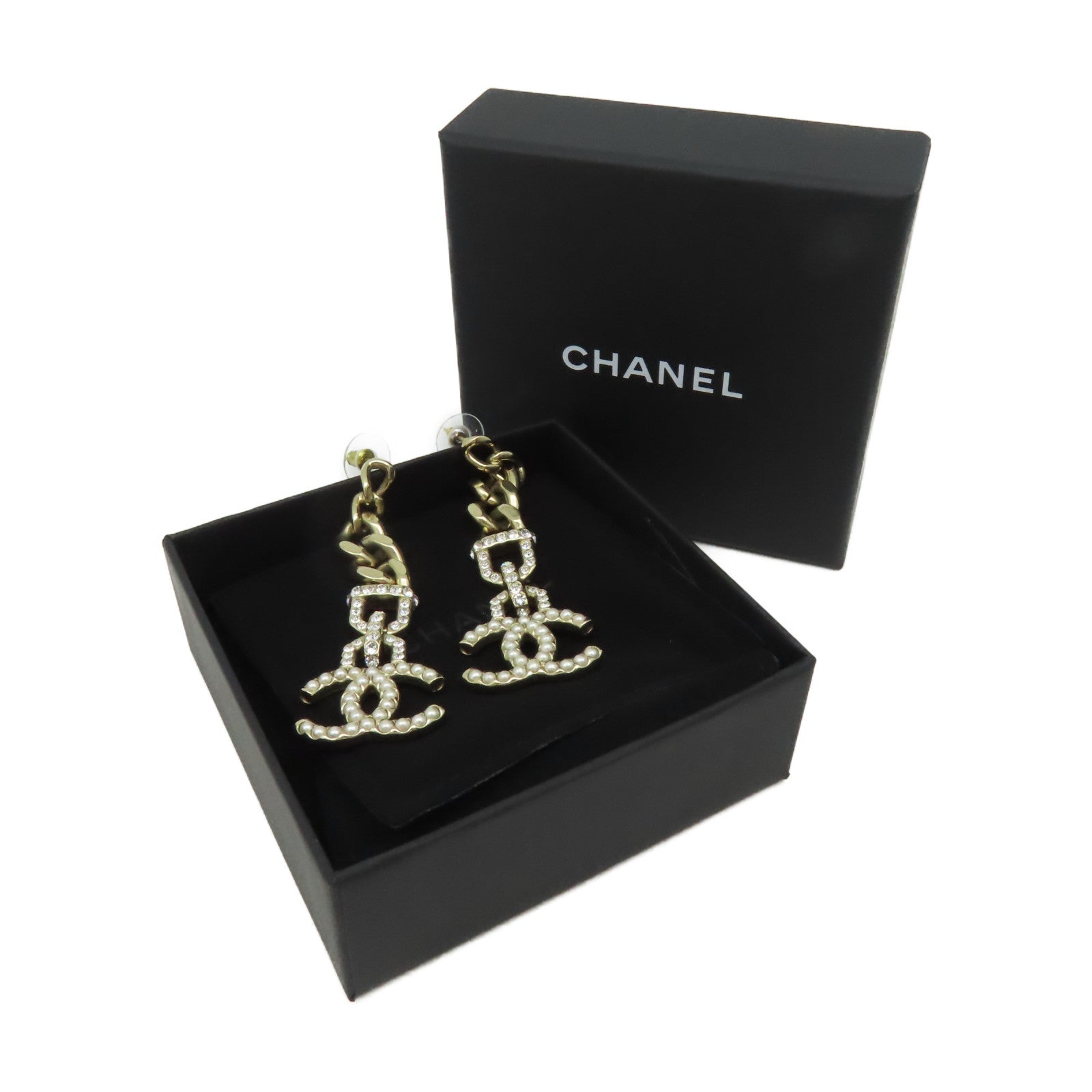 CHANEL 金屬/仿珍珠CC Earrings耳環金色/珍珠色