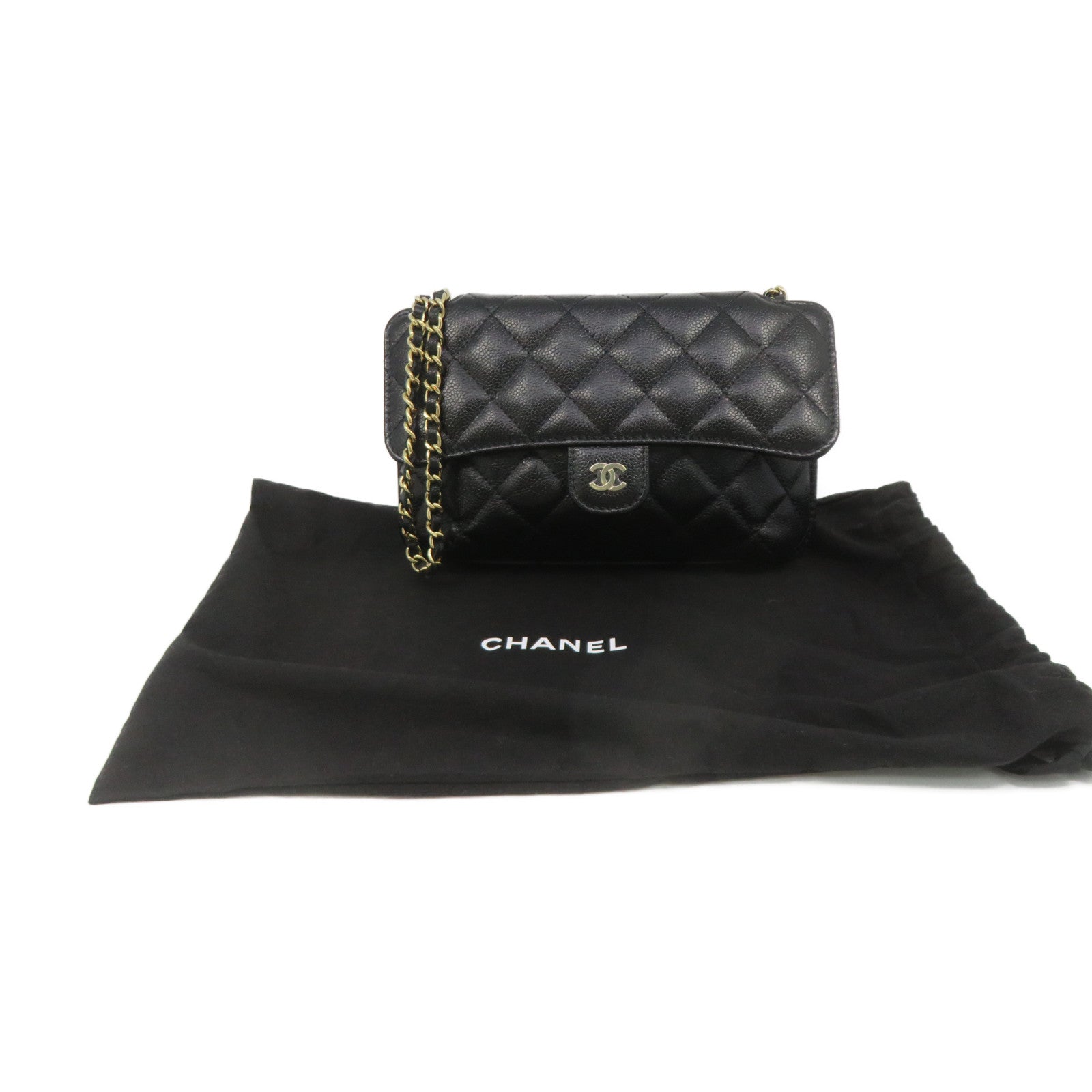 CHANEL Caviar皮革/尼龍Foldable Tote Shoulder Bag銀扣鏈帶手挽肩背兩用袋黑色