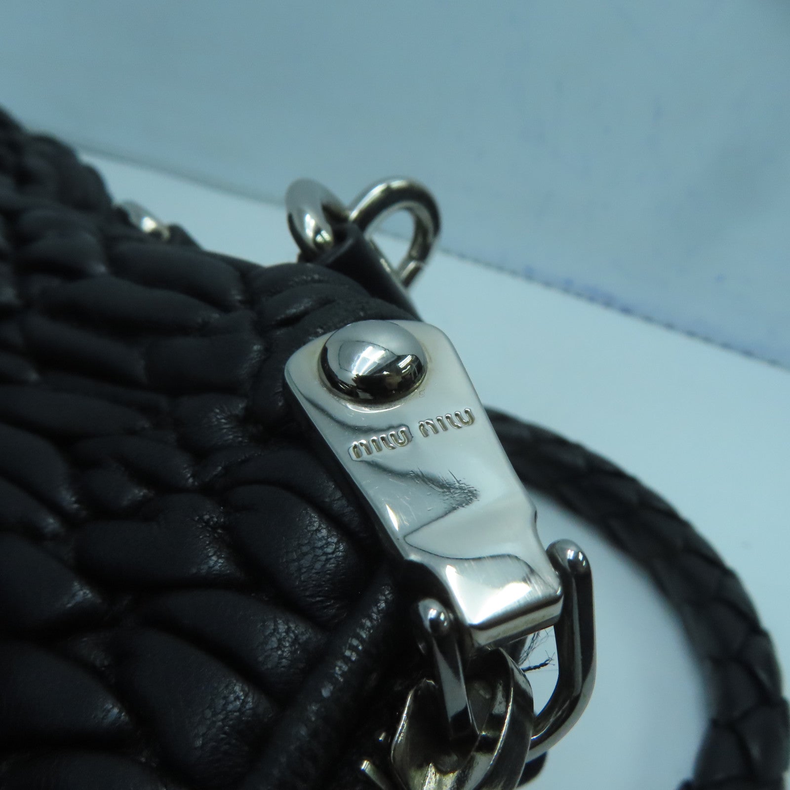Miu Miu Sheepskin Leather Shoulder Bag Silver Buckle Handle Shoulder Bag Black