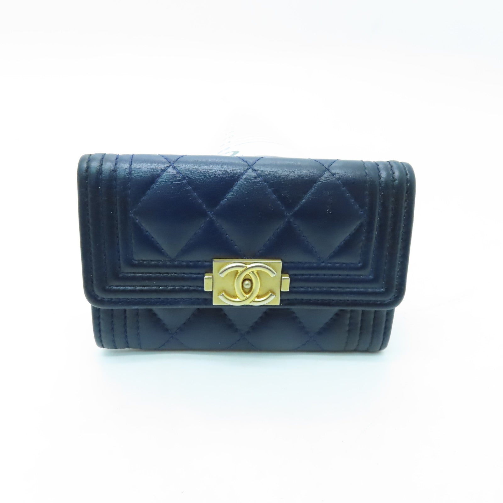 CHANEL 菱格羊皮皮革Card Case金扣卡片套海軍藍色