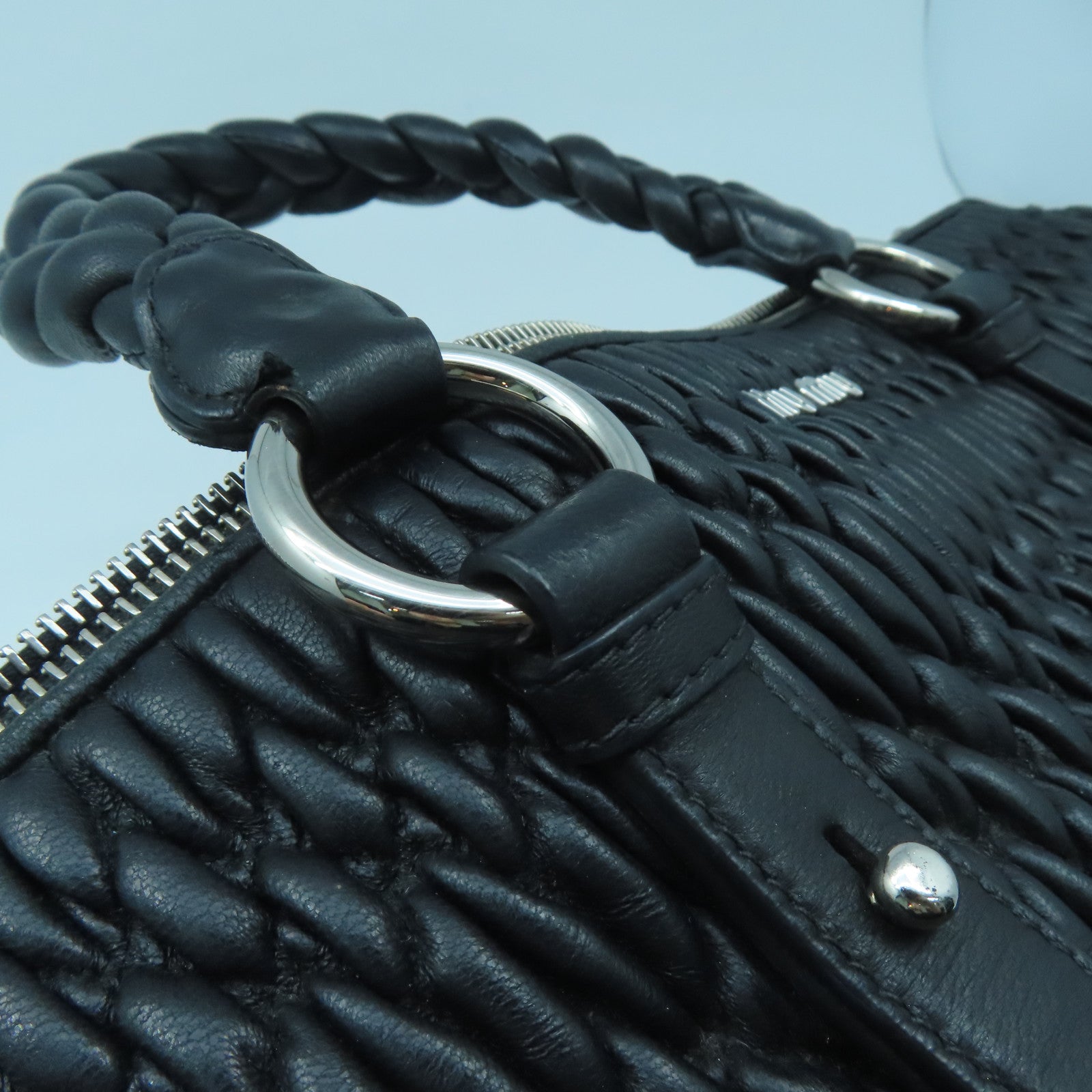 Miu Miu Sheepskin Leather Shoulder Bag Silver Buckle Handle Shoulder Bag Black