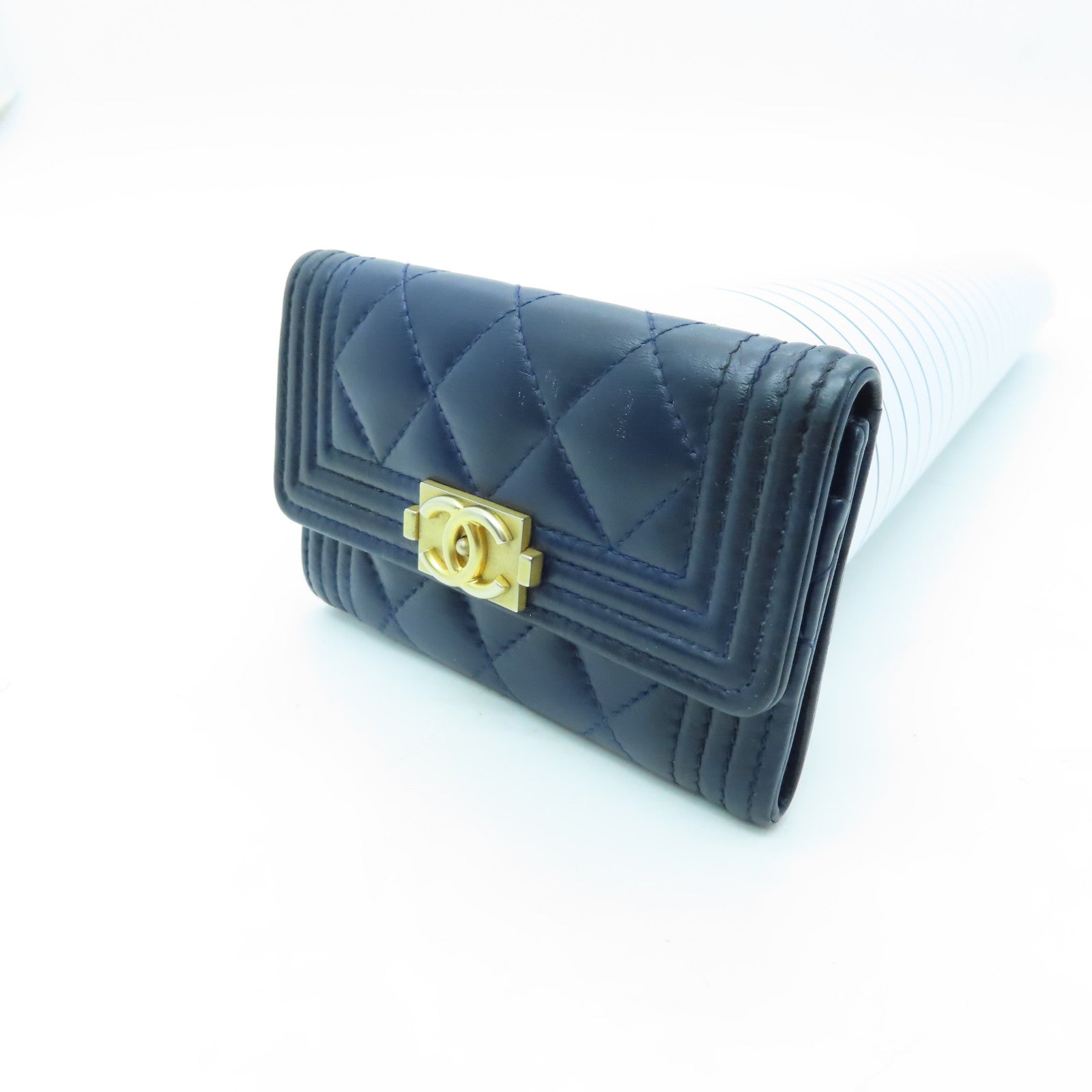 CHANEL 菱格羊皮皮革Card Case金扣卡片套海軍藍色