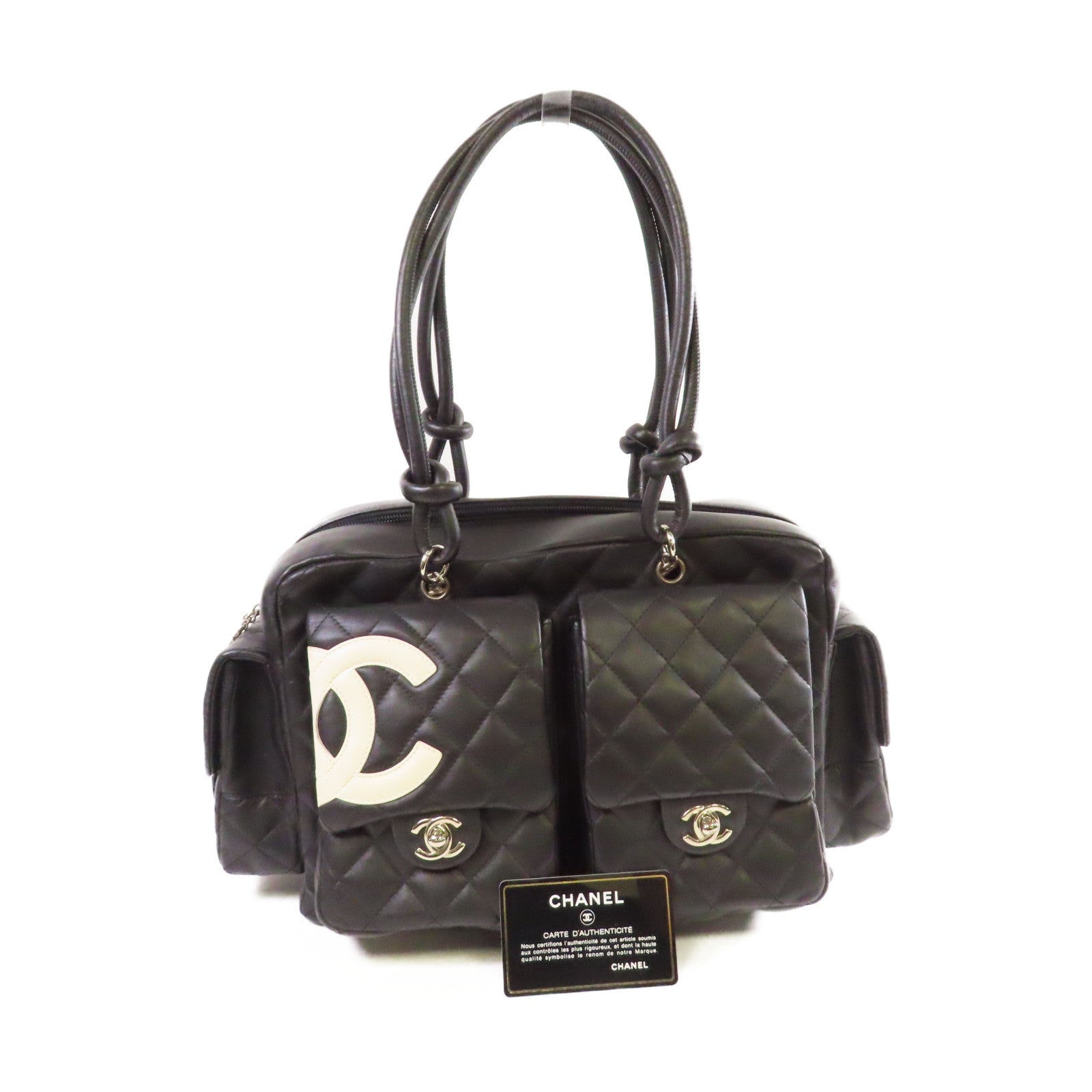 CHANEL 菱格牛皮皮革Cambon Shoulder Bag銀扣肩背袋黑色