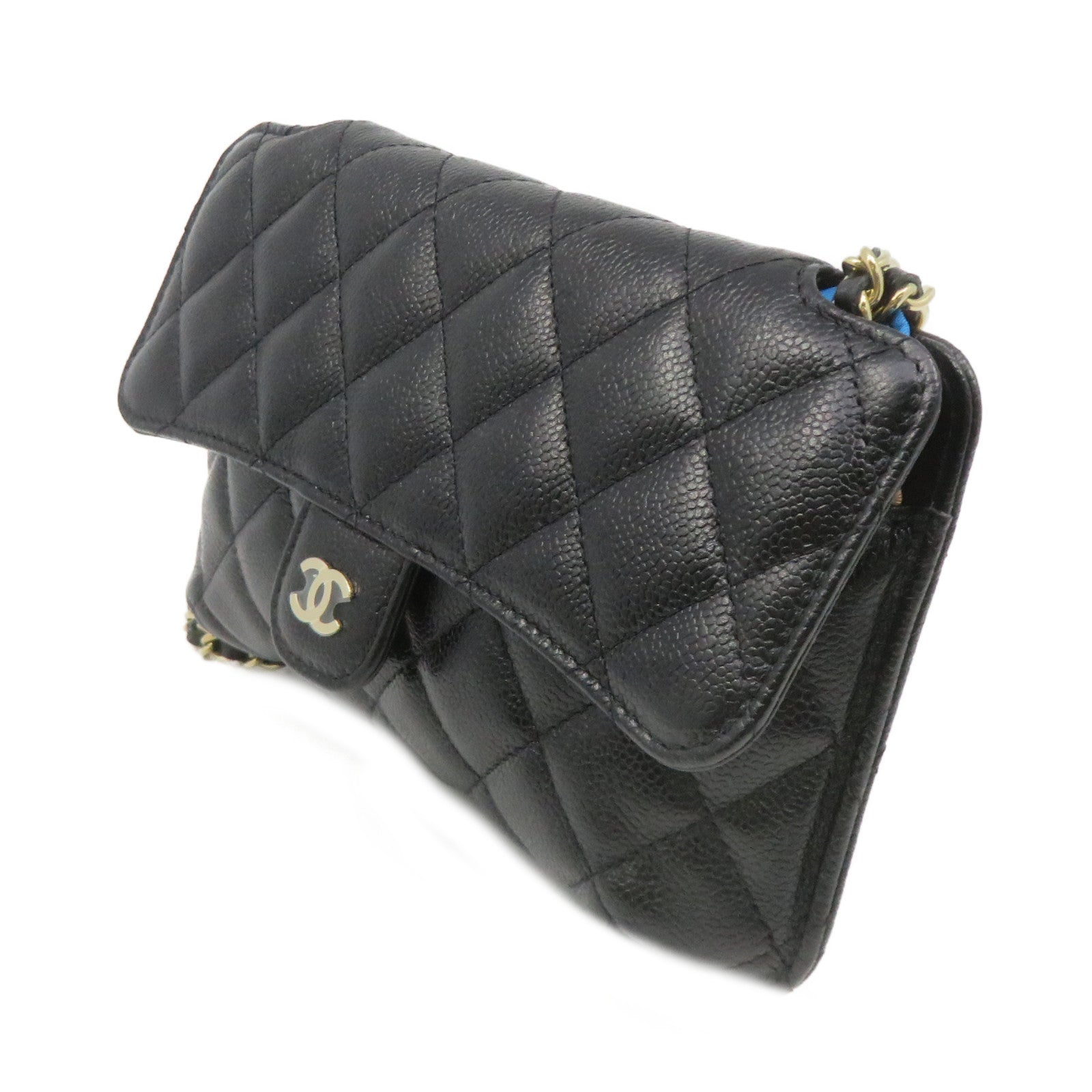 CHANEL Caviar皮革/尼龍Foldable Tote Shoulder Bag銀扣鏈帶手挽肩背兩用袋黑色