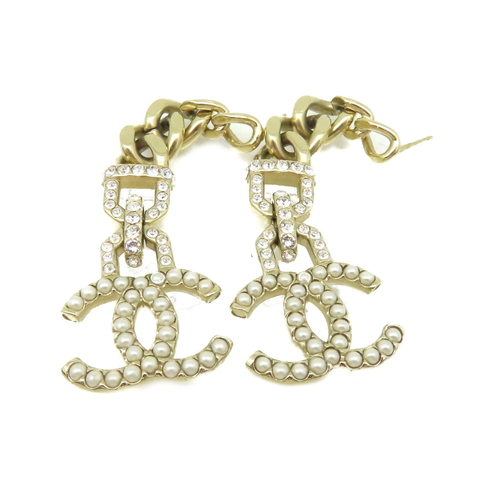 CHANEL 金屬/仿珍珠CC Earrings耳環金色/珍珠色