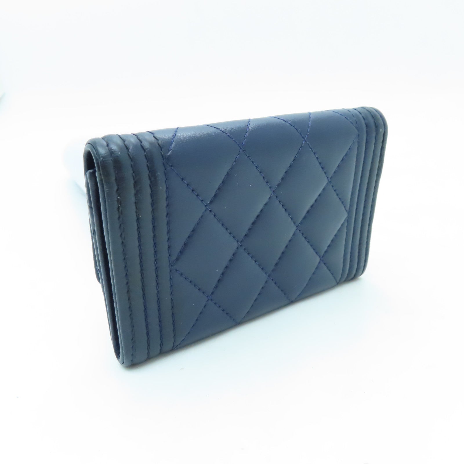CHANEL 菱格羊皮皮革Card Case金扣卡片套海軍藍色